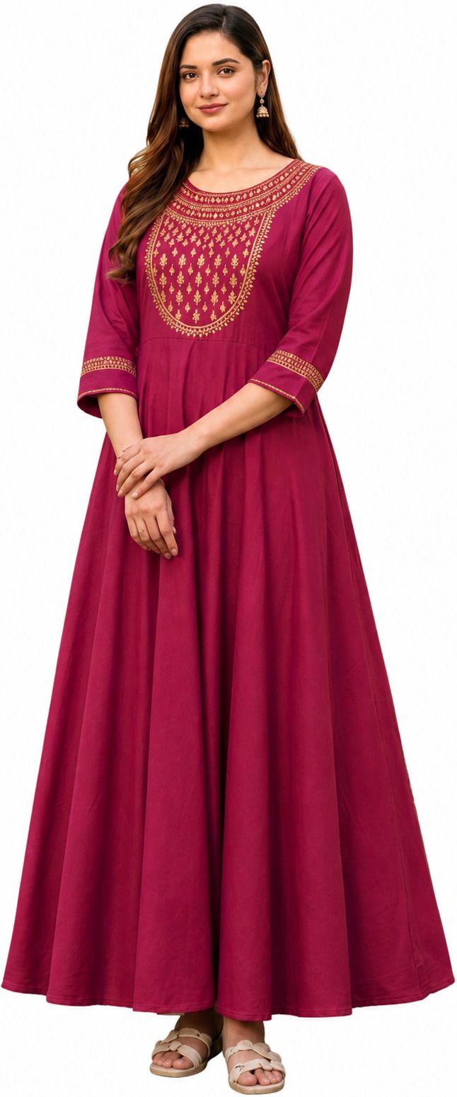 Solid, Embroidered Pure Cotton Stitched Anarkali Gown-image-49