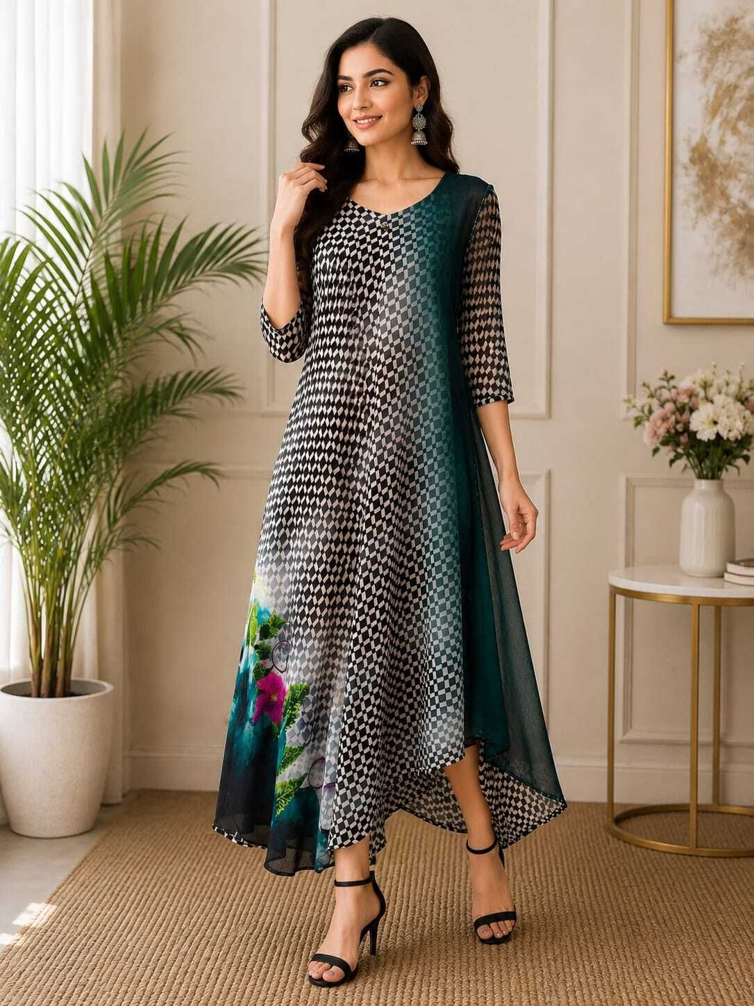 Houndstooth, Floral Print, Colorblock Chiffon Stitched Flared/A-line Gown-image-35