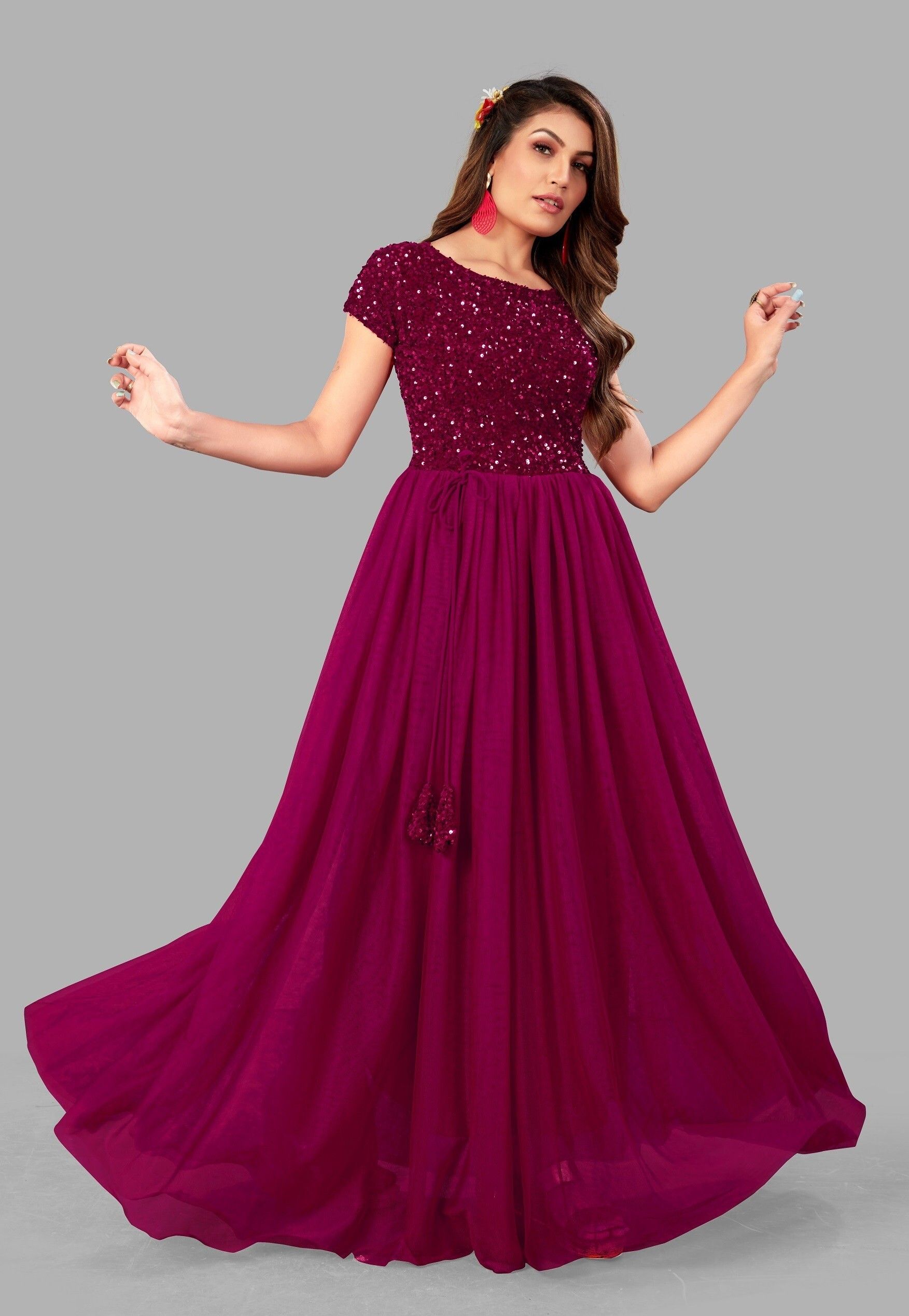 Embroidered Net Stitched Flared/A-line Gown-image-31