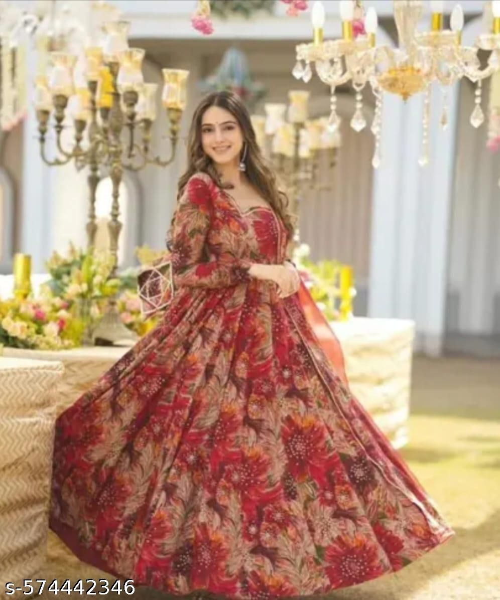 Floral Print Rayon Blend Stitched Flared/A-line Gown-image-30
