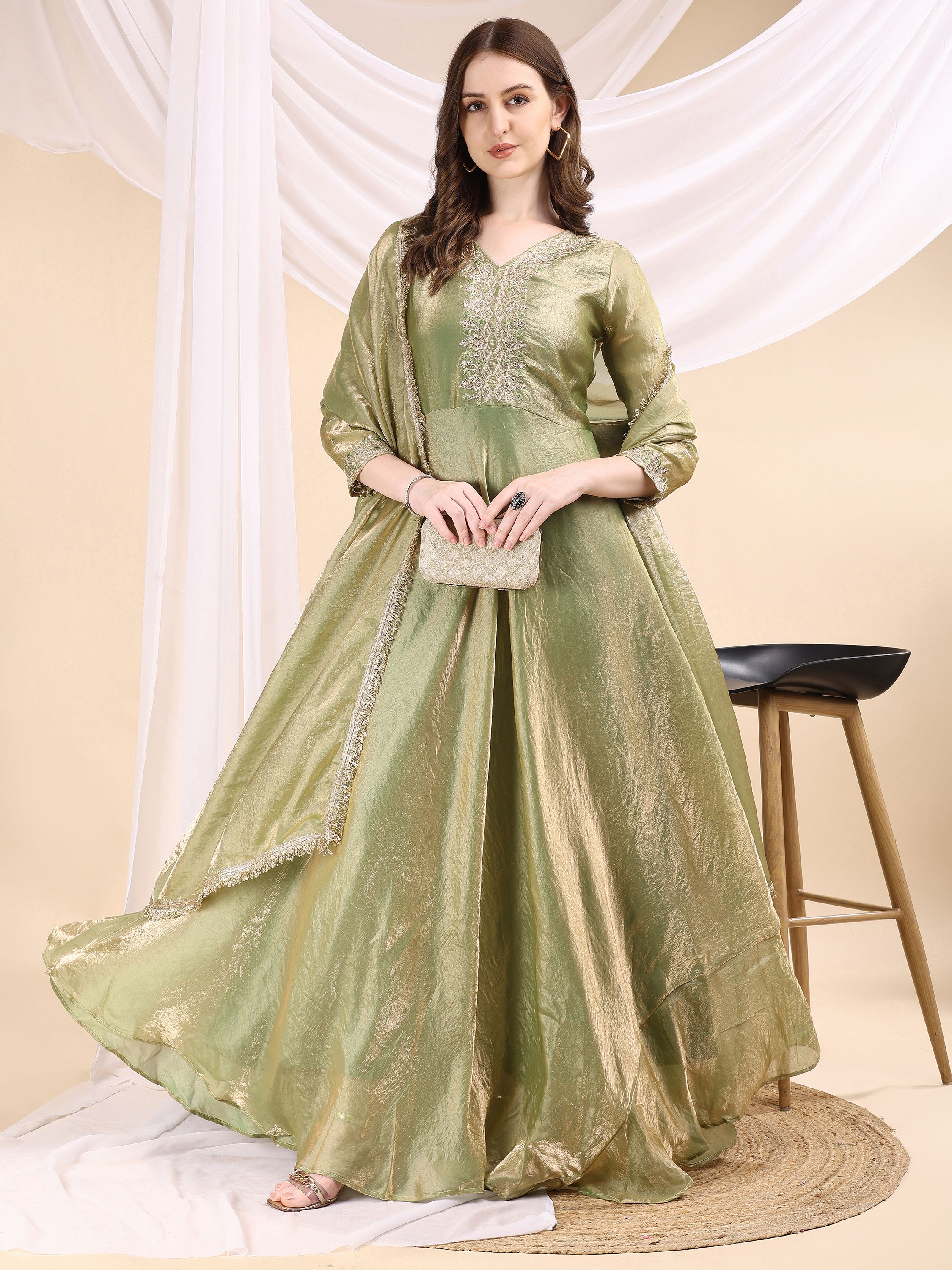 Embroidered Pure Silk Stitched Flared/A-line Gown