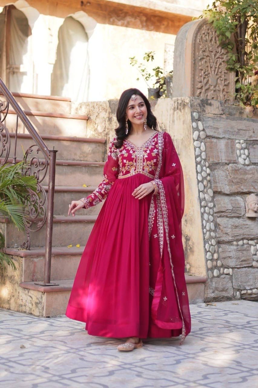 khodal creation Embroidered Georgette Stitched Flared/A-line Gown-picture-27