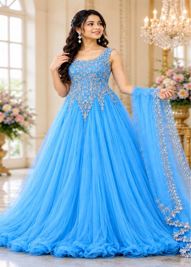 mf retail Solid, Embroidered, Embellished Net Stitched Anarkali Gown-picture-14