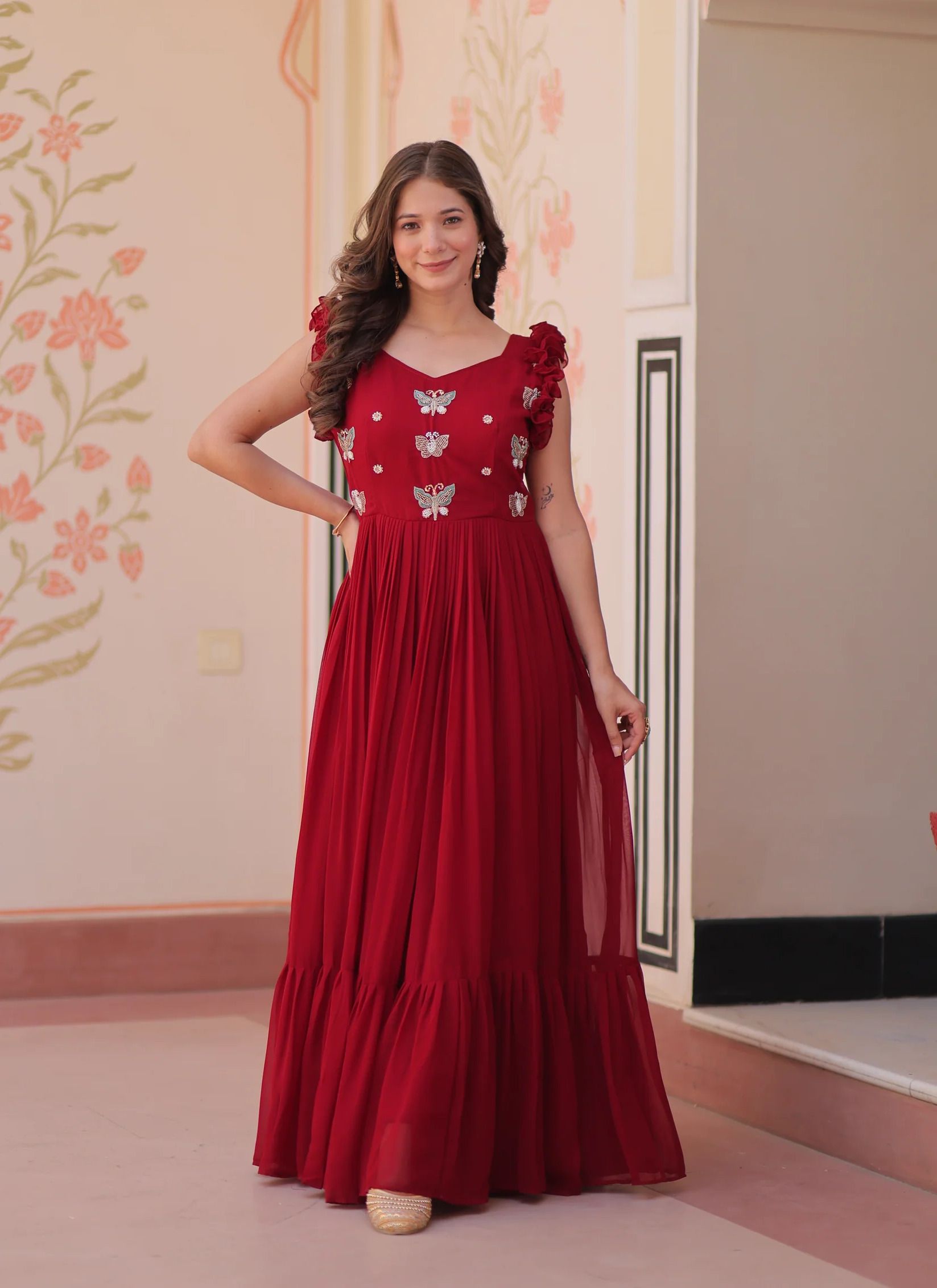 zero stitch Embroidered Georgette Stitched Flared/A-line Gown-picture-22