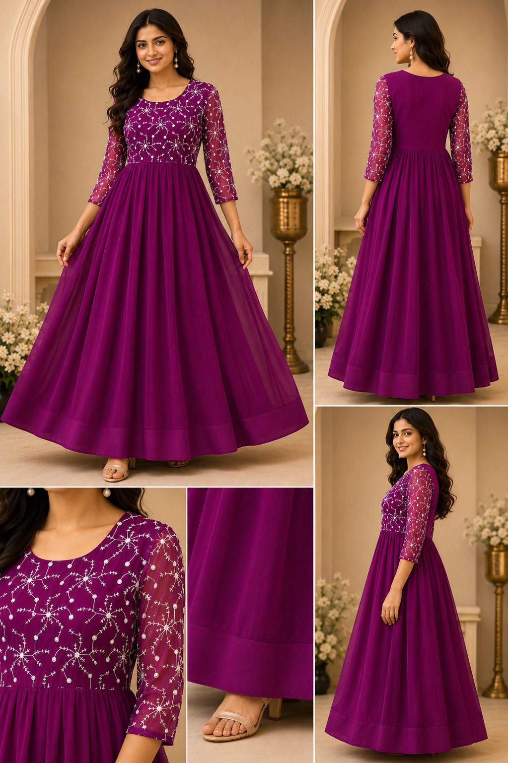 duradero Embroidered, Embellished, Solid Georgette Stitched Flared/A-line Gown-picture-12