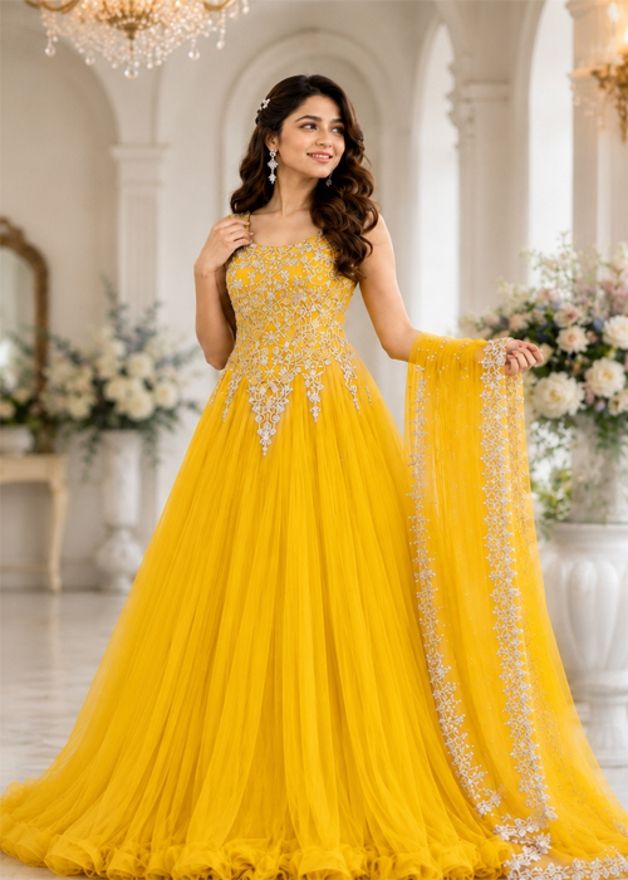 mf retail Solid, Embroidered, Embellished Net Stitched Anarkali Gown-picture-26