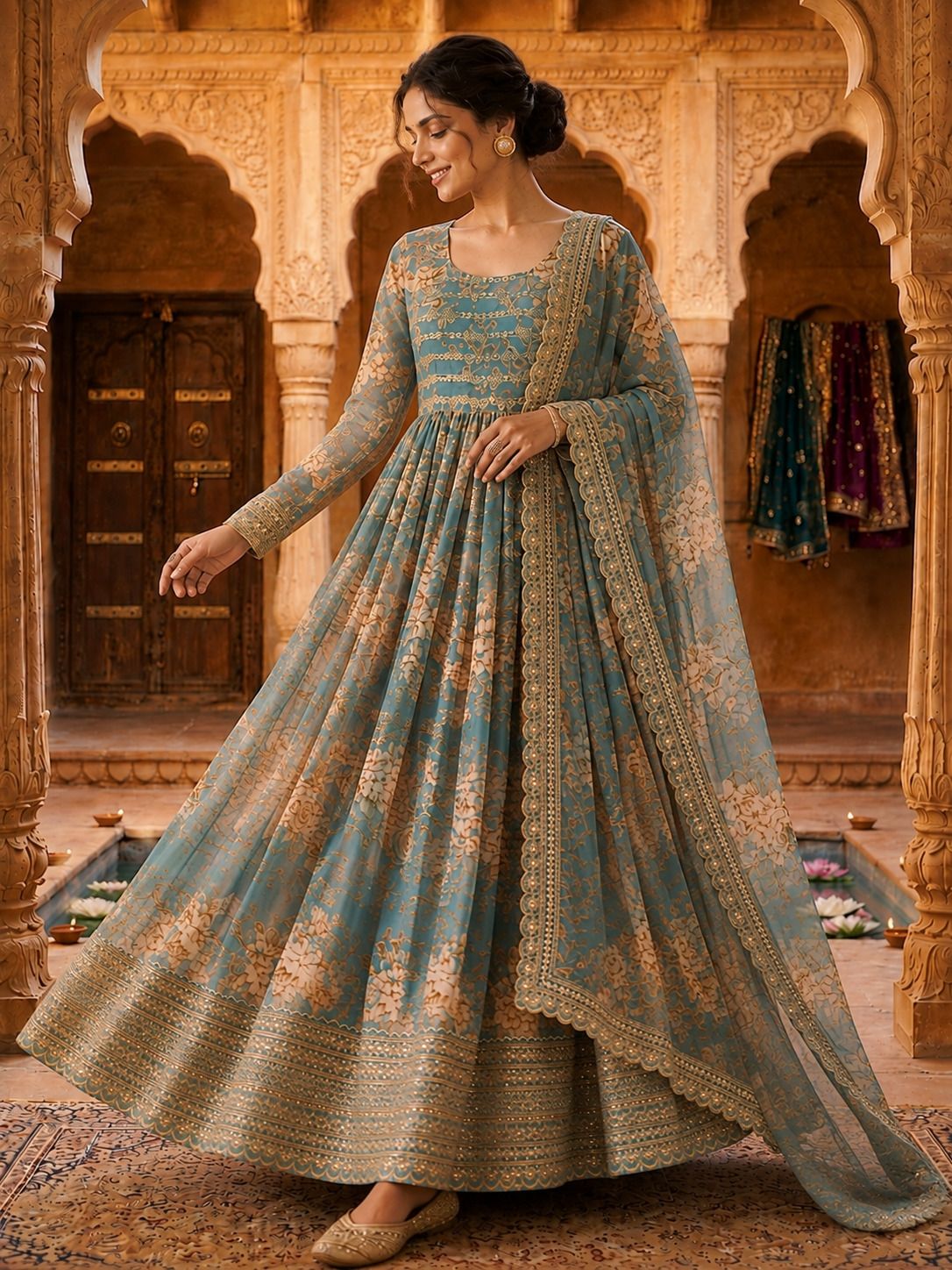 khodiyar Floral Print, Applique Georgette Stitched Anarkali Gown-picture-9