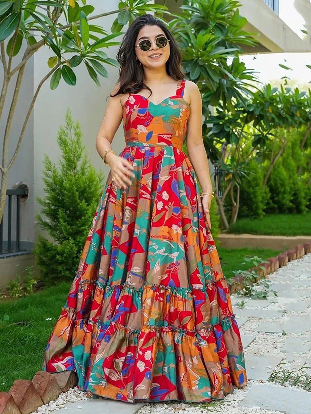 Floral Print Rayon Blend Stitched Flared/A-line Gown-image-26