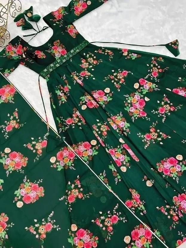 Floral Print, Printed, Polka Print, Geometric Print, Graphic Print, Embellished, Solid, Self Design Georgette Stitched Anarkali Gown-image-28