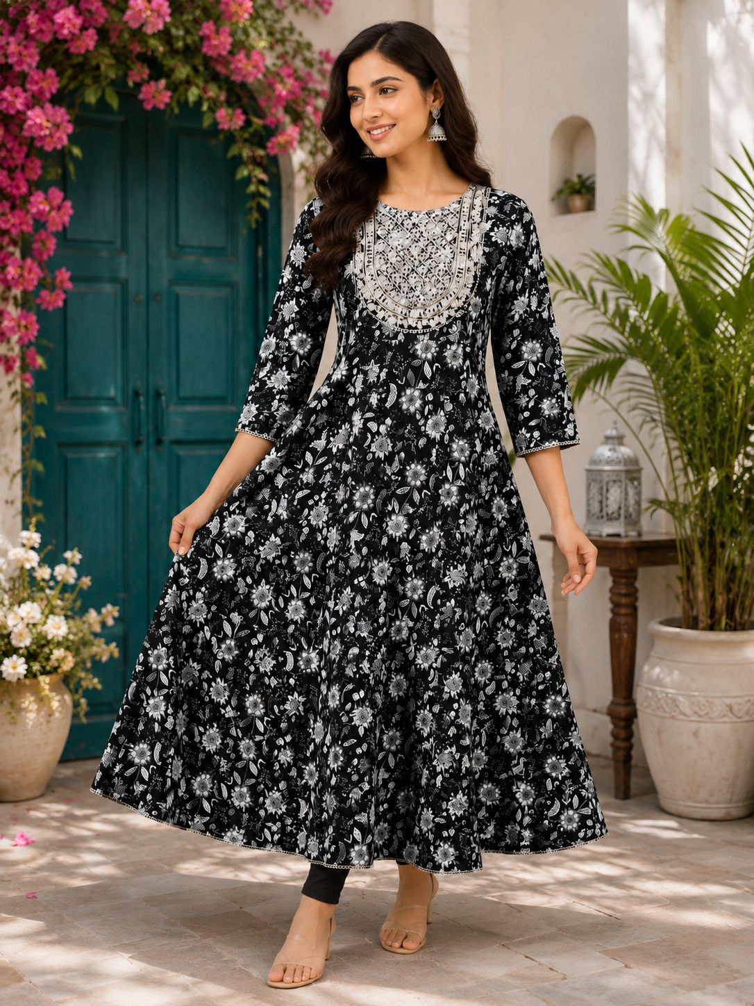Floral Print, Embroidered, Embellished Viscose Rayon Stitched Anarkali Gown-image-13