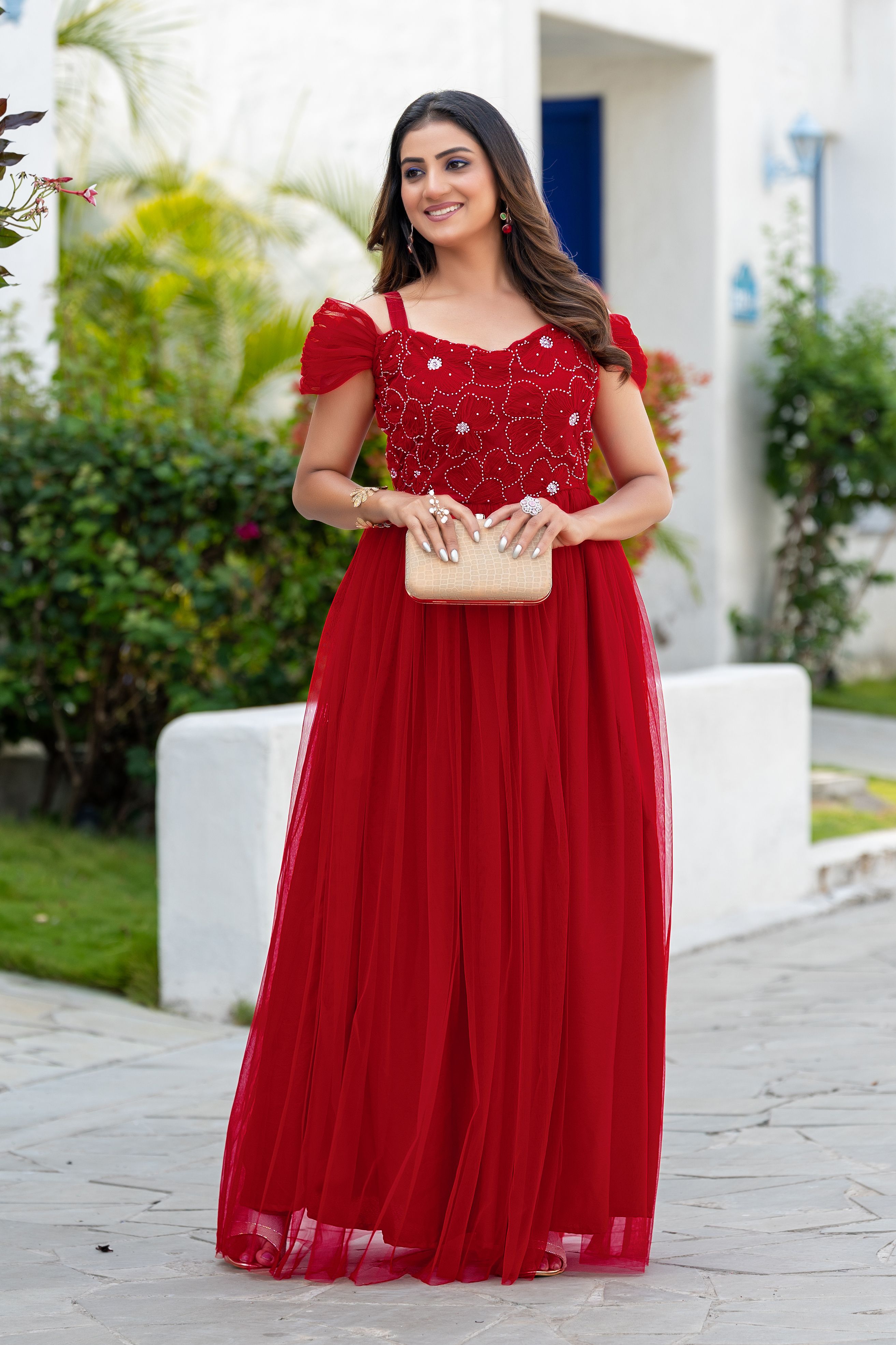 Embellished Velvet, Net Stitched Flared/A-line Gown-image-28