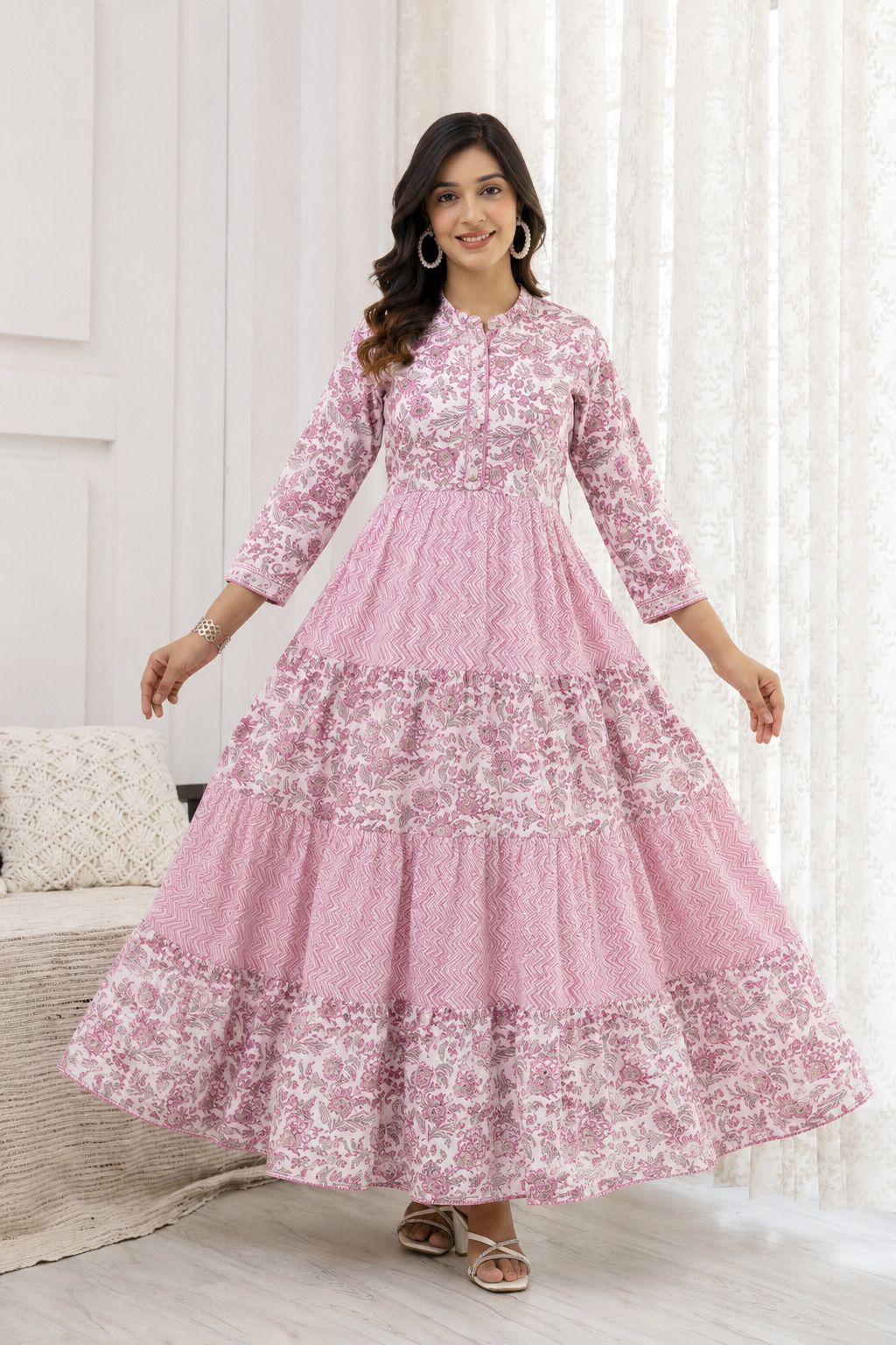 maharkurtis Floral Print, Geometric Print Cotton Blend Stitched Anarkali Gown-picture-13