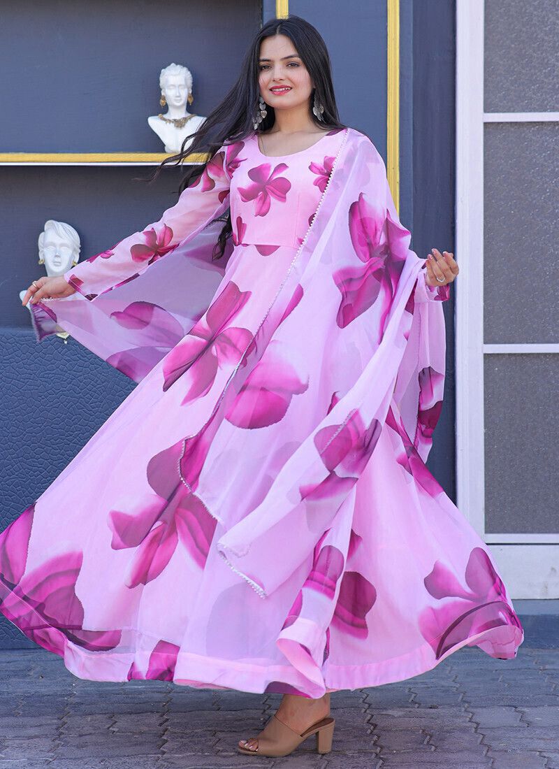 Floral Print Georgette Stitched Flared/A-line Gown-image-2