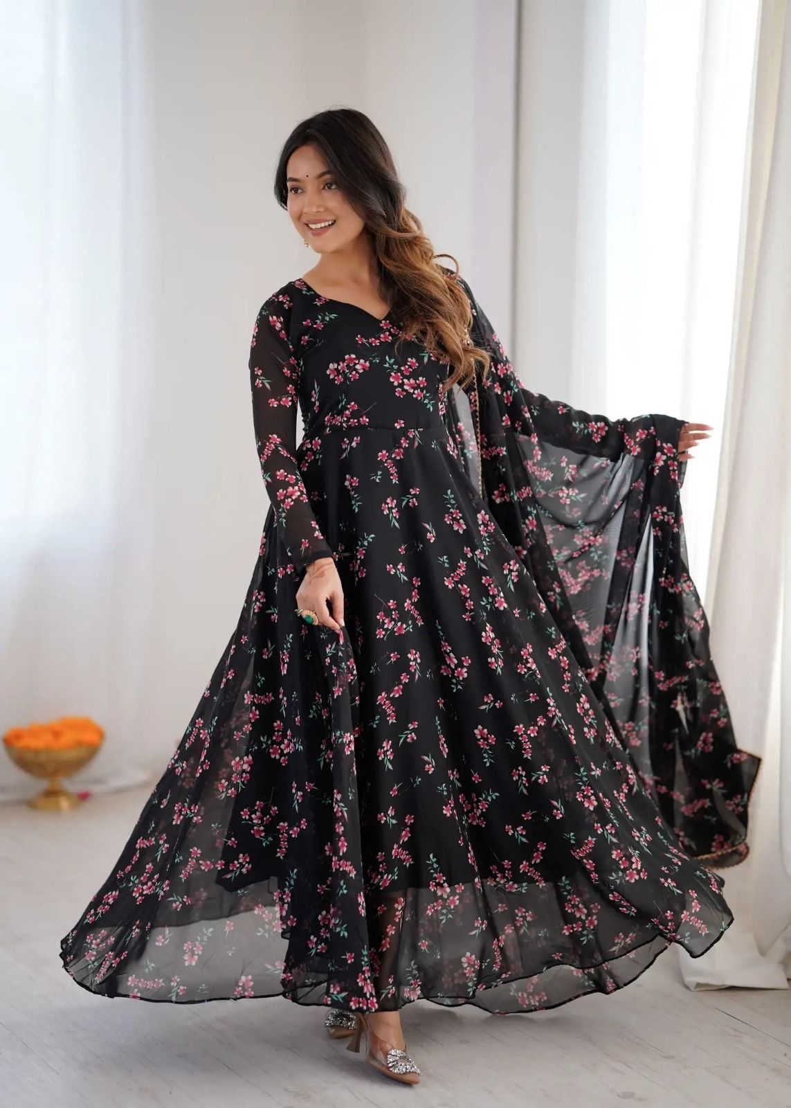 Floral Print, Paisley, Printed, Self Design, Solid Georgette Stitched Anarkali Gown-image-40
