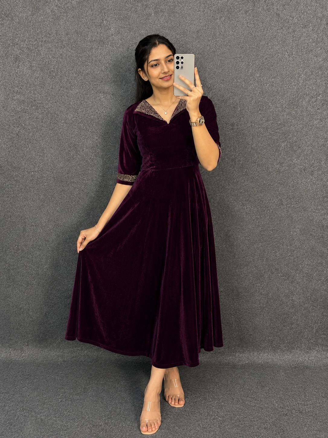 Embroidered Velvet Stitched Flared/A-line Gown-image-48
