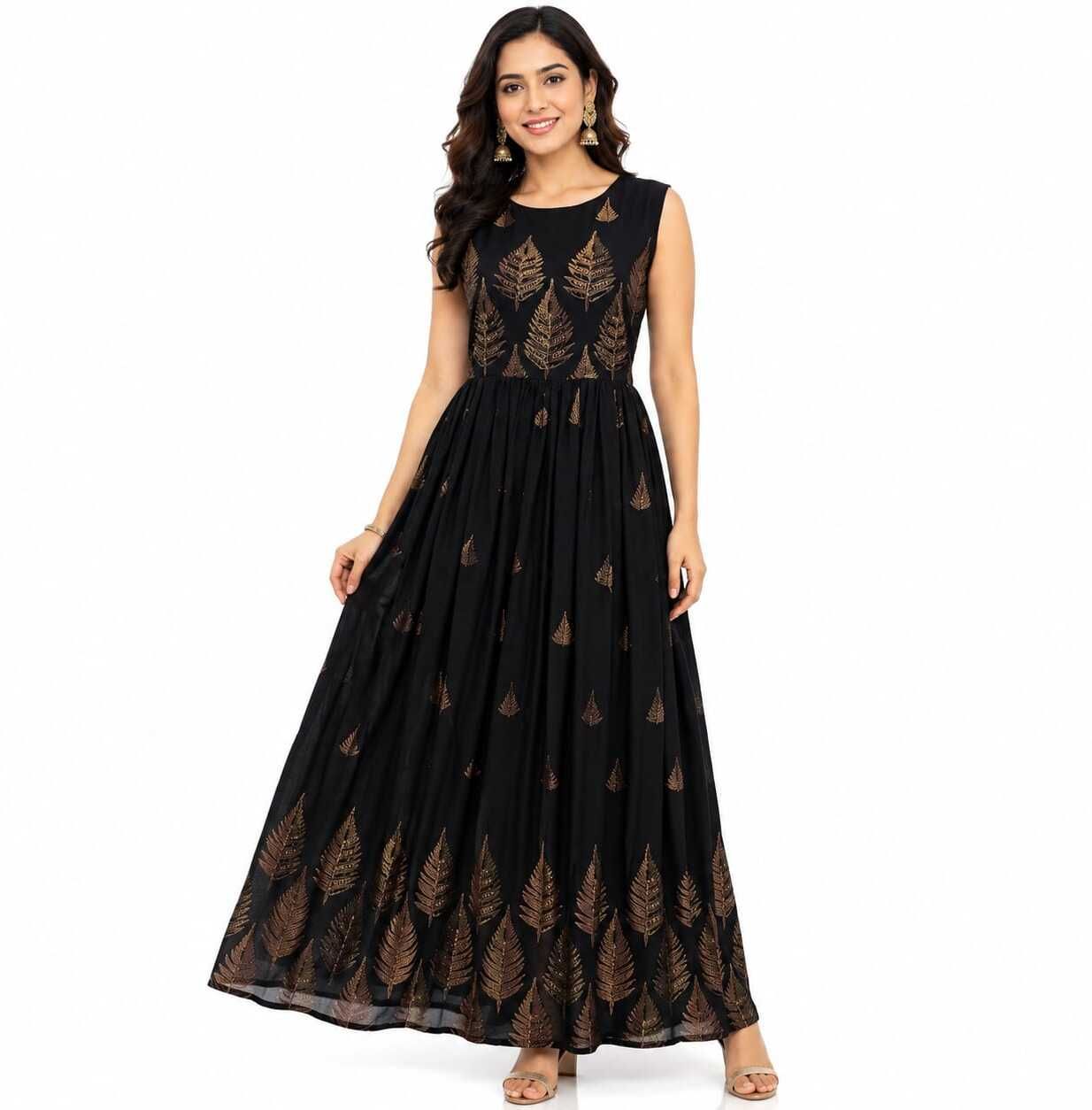 Printed, Embroidered Cotton Blend Stitched Flared/A-line Gown-image-47
