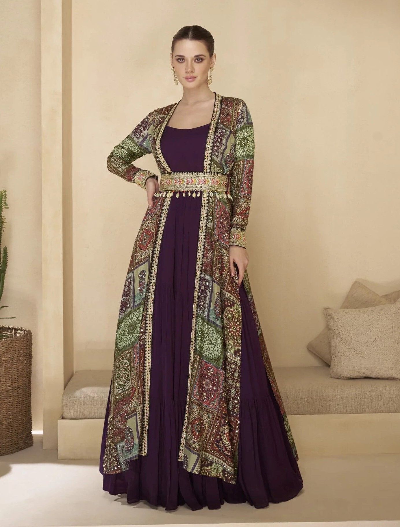Embroidered, Printed Georgette Stitched Straight Gown