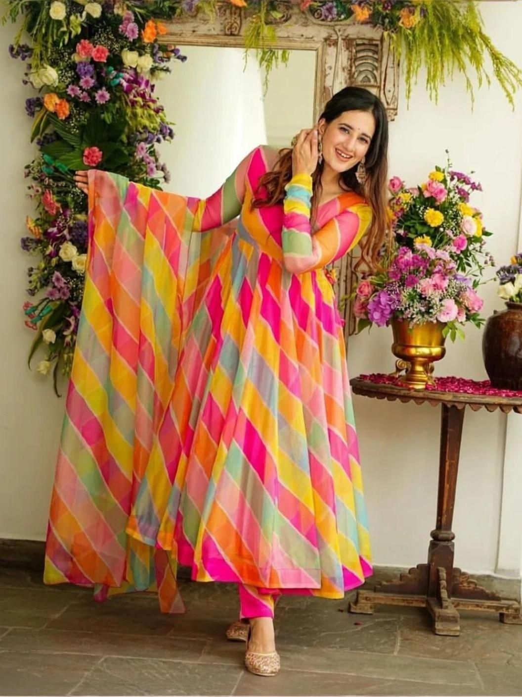 hanumant enterprise Striped Georgette Stitched Anarkali Gown-picture-26