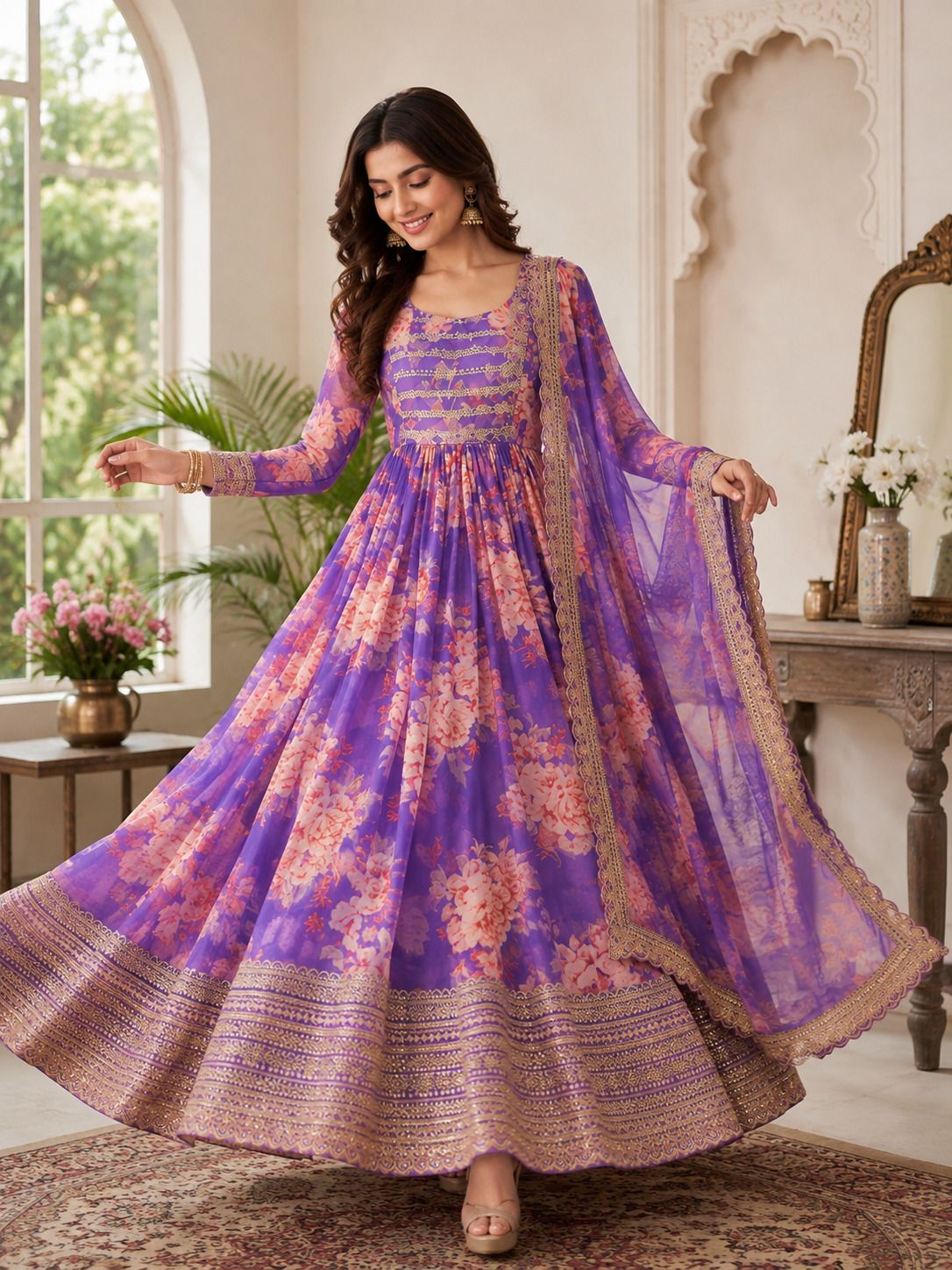 khodiyar Floral Print Georgette Stitched Anarkali Gown-picture-4