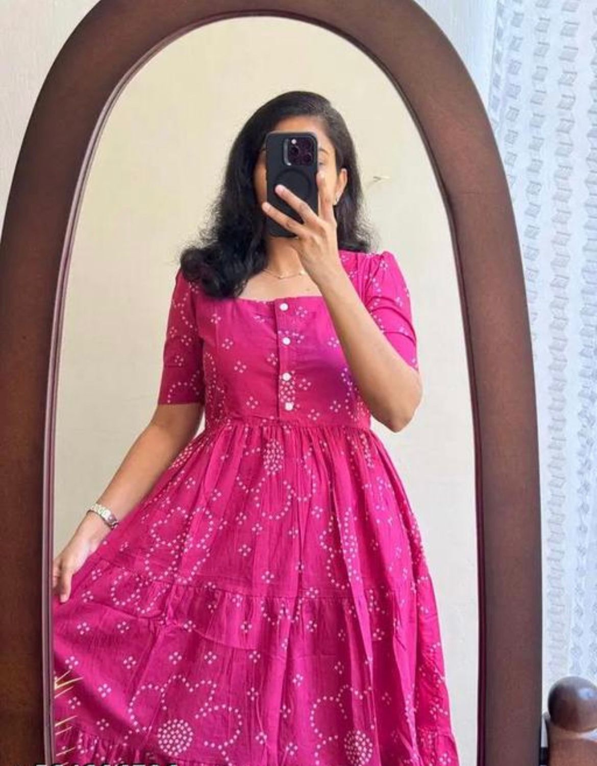 Women Fit and Flare Pink, White Midi/Calf Length Dress-image-46