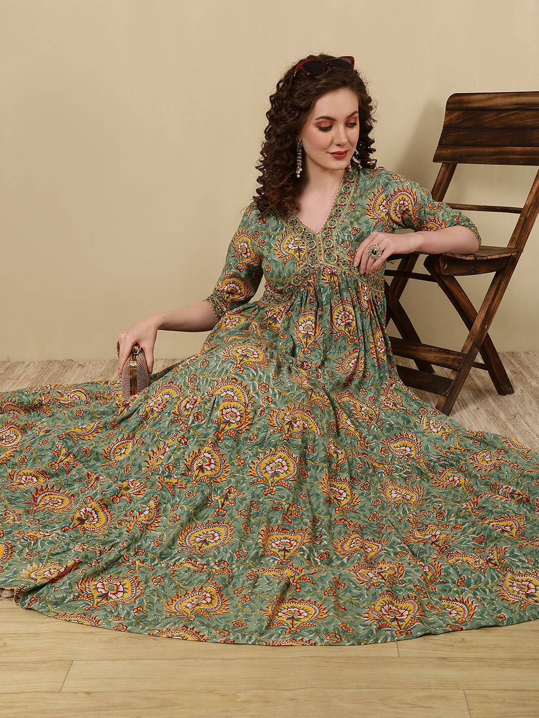 Floral Print Rayon Blend Stitched Flared/A-line Gown-image-36
