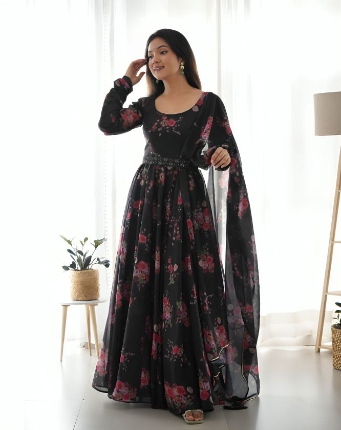 theshivclothing Printed, Floral Print Georgette, Crepe Stitched Anarkali Gown-picture-24