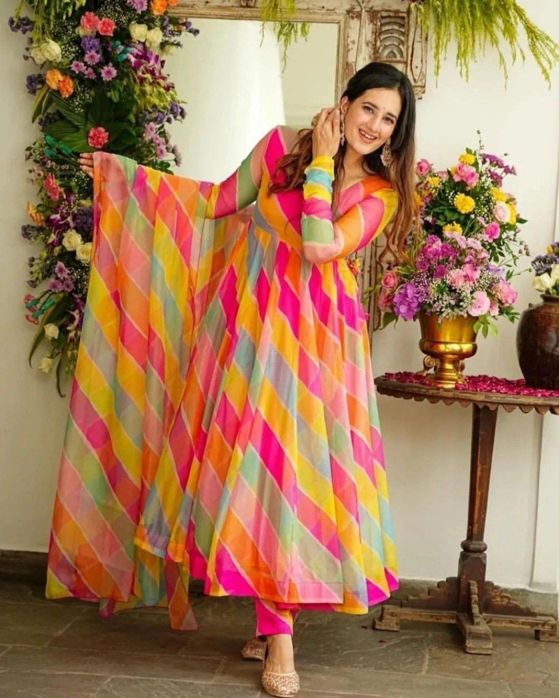 thekedar enterprise Striped Georgette Stitched Anarkali Gown-picture-15
