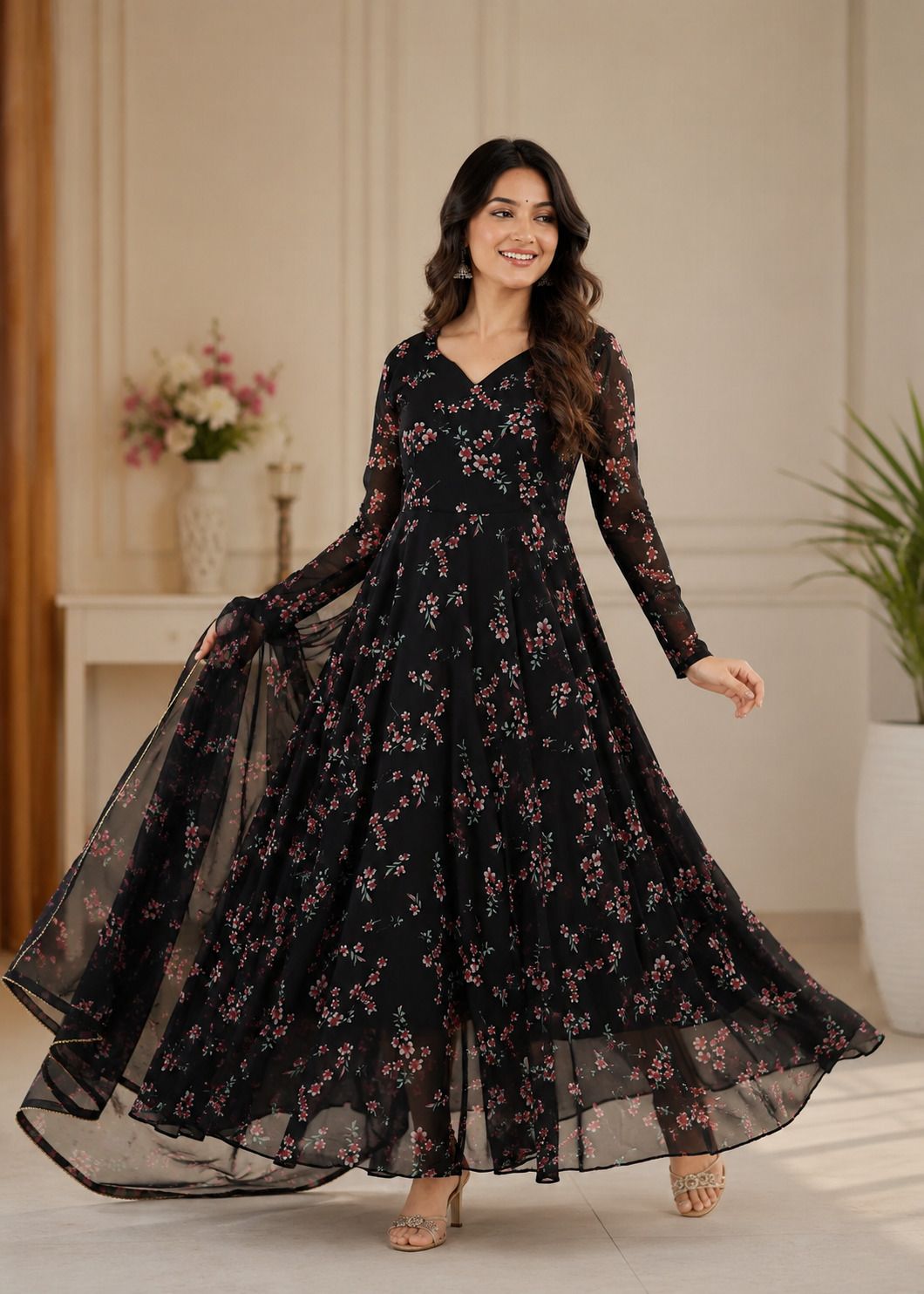 Floral Print, Printed, Self Design, Solid Georgette Stitched Anarkali Gown-image-4