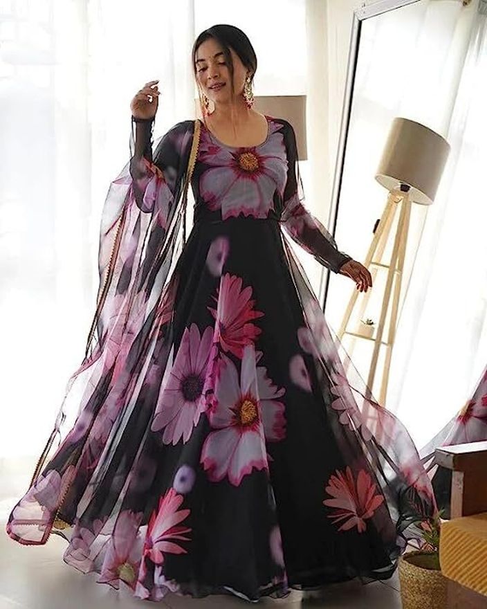 Floral Print Georgette Stitched Flared/A-line Gown-image-20