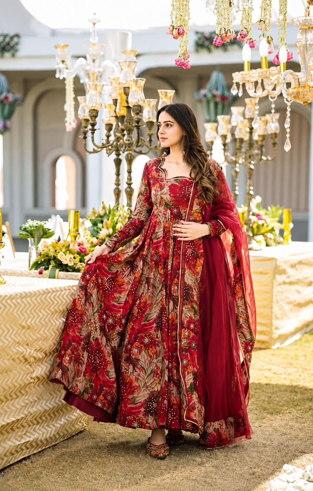 Floral Print, Embellished Cotton Rayon Stitched Anarkali Gown-image-25