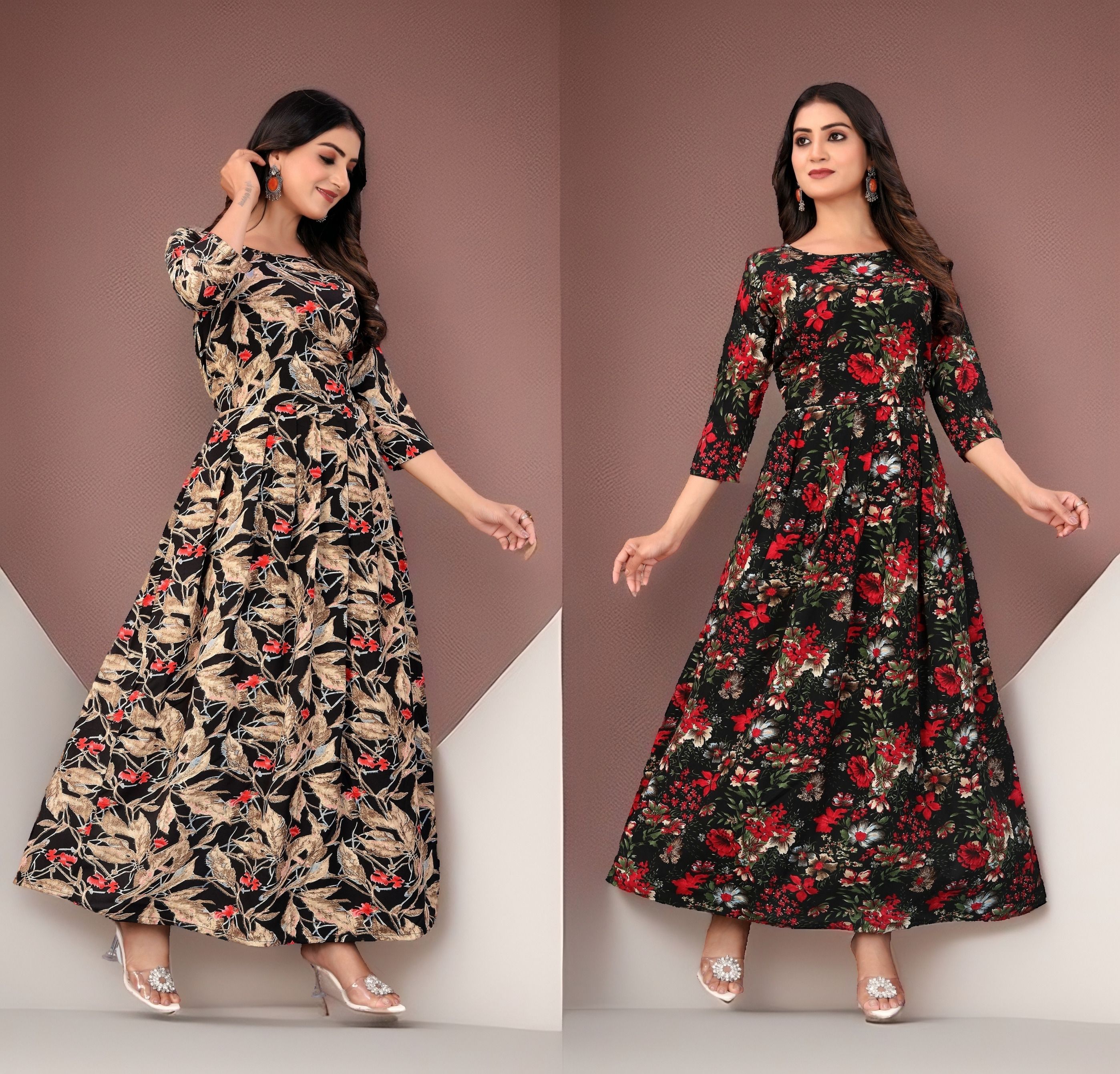 Printed Crepe Stitched Flared/A-line Gown-image-27