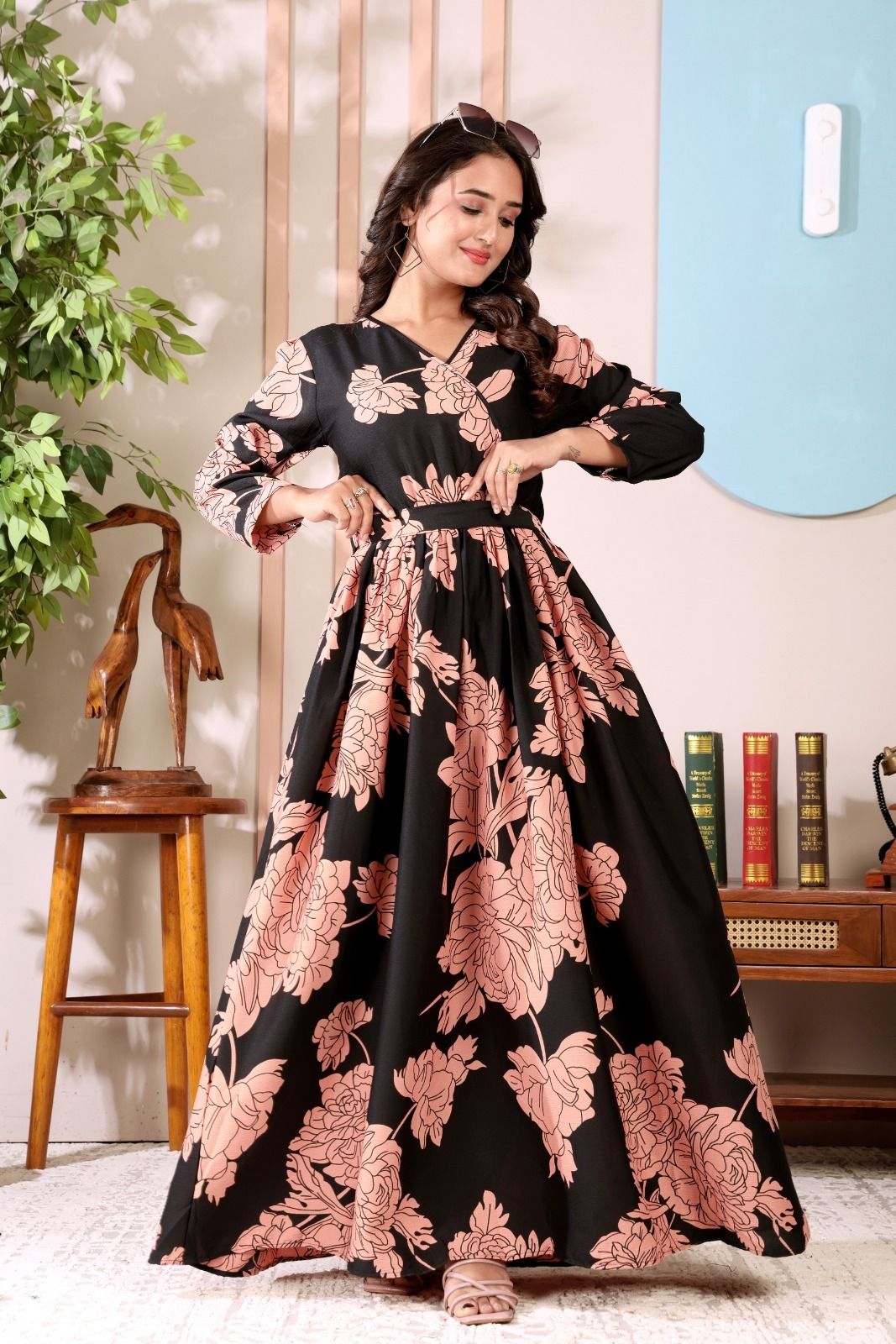 nautiful Floral Print Crepe Stitched Flared/A-line Gown-picture-25