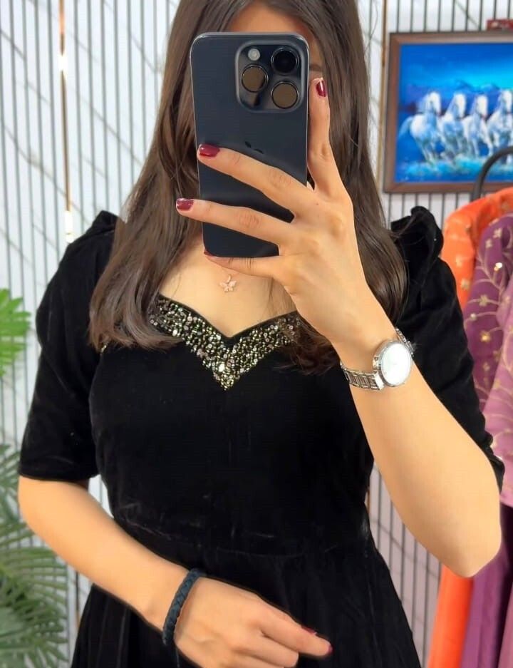 Solid, Embellished Velvet Stitched Anarkali Gown-image-3