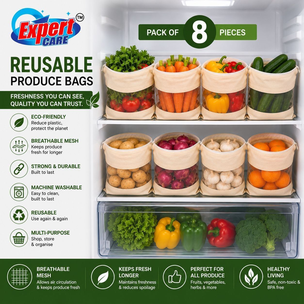 Reusable Eco Frendly Mesh Produce Vagetable Bags for Fridge Storage Pack of 8 Grocery Bags-image-14