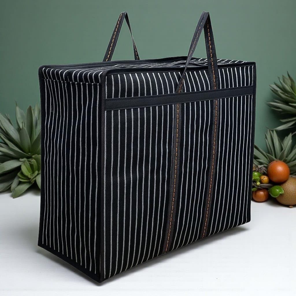 kmr Large Big Heavy Duty Storage Organizer Reusable Canvas Shopper Bag - Black Grocery Bag-picture-0