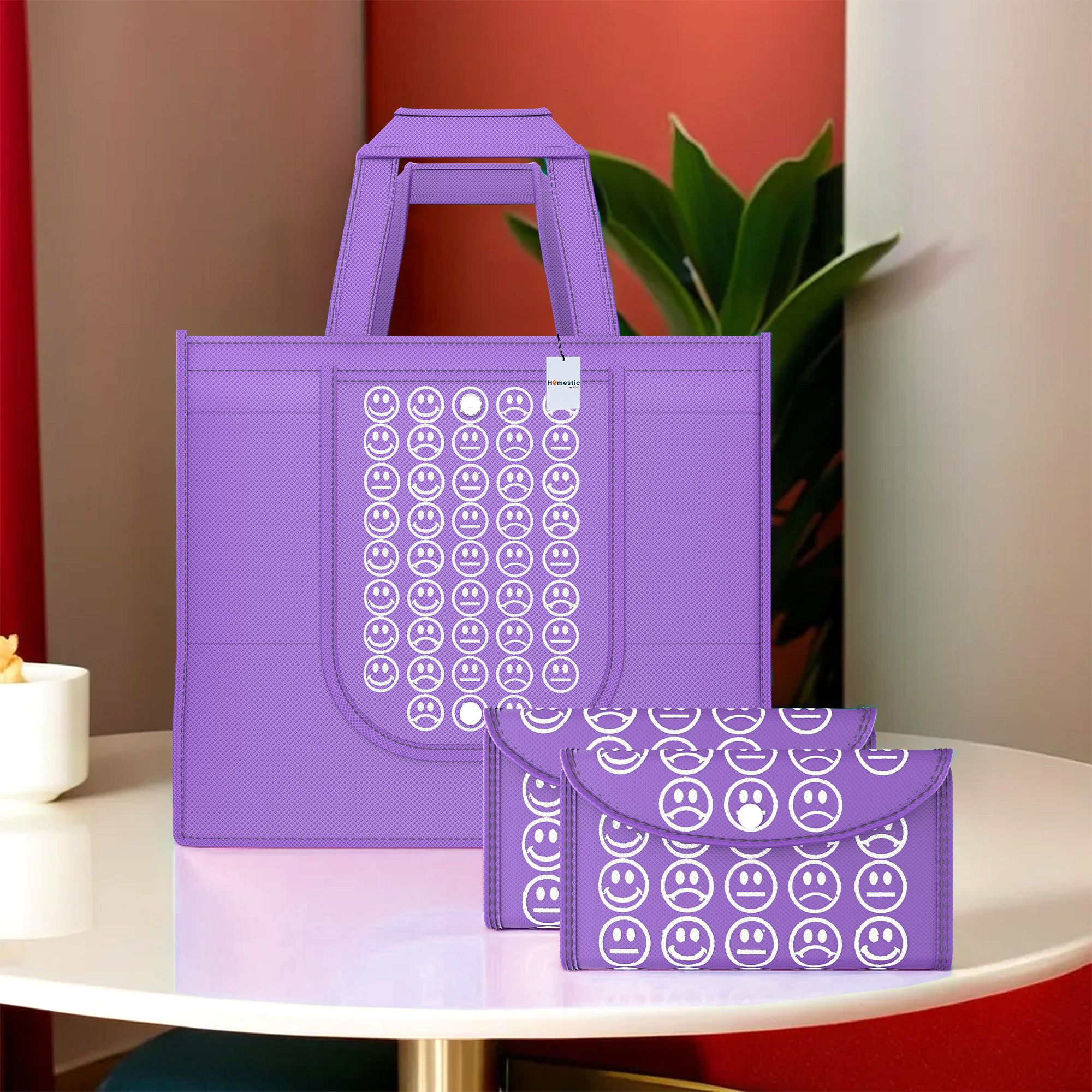 Pack of 3 Smile Print Foldable Grocery/Shopping Bags For Women | Purple Pack of 3 Grocery Bags-image-43