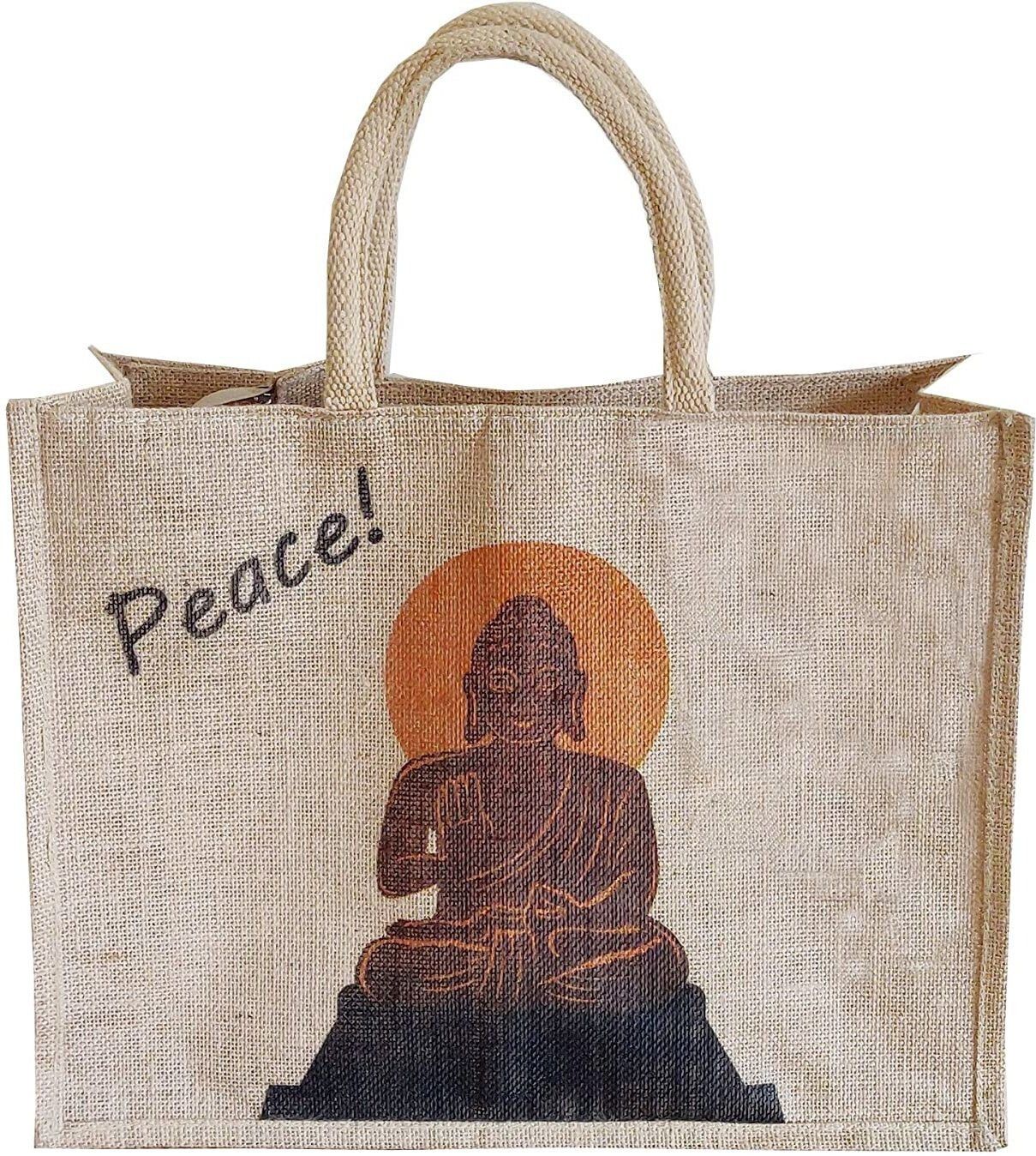 Peace Printed Unisex Jute Tote Bag | Multipurpose Lunch Bag | Beach Bag | Shopping Bag | Grocery Bag with Zipper and Small Pouch Grocery Bag-image-1