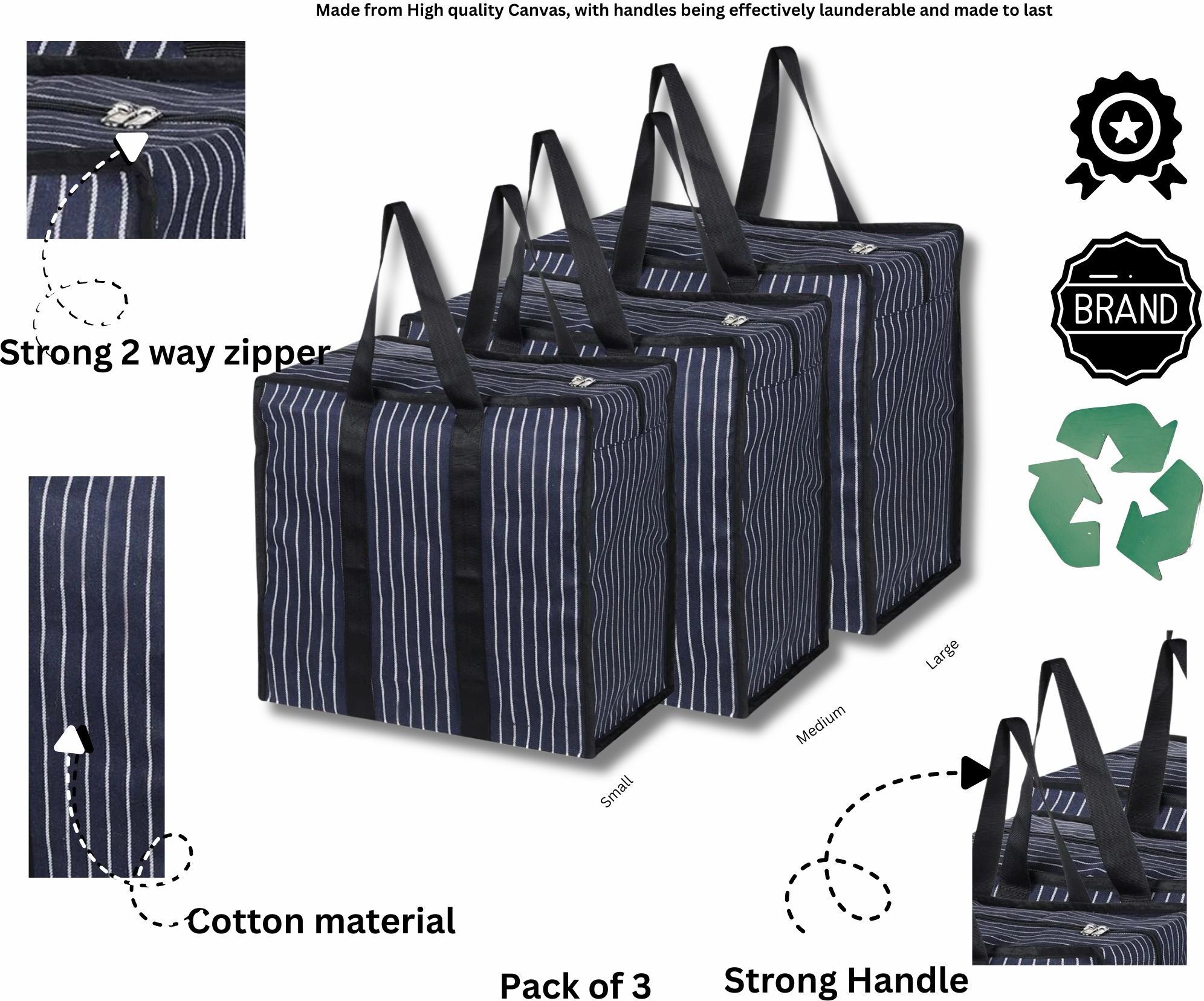 Storage Bags with Zipper Cotton Canvas Storage Organizer Strong Handle Pack of 3 Grocery Bags-image-12