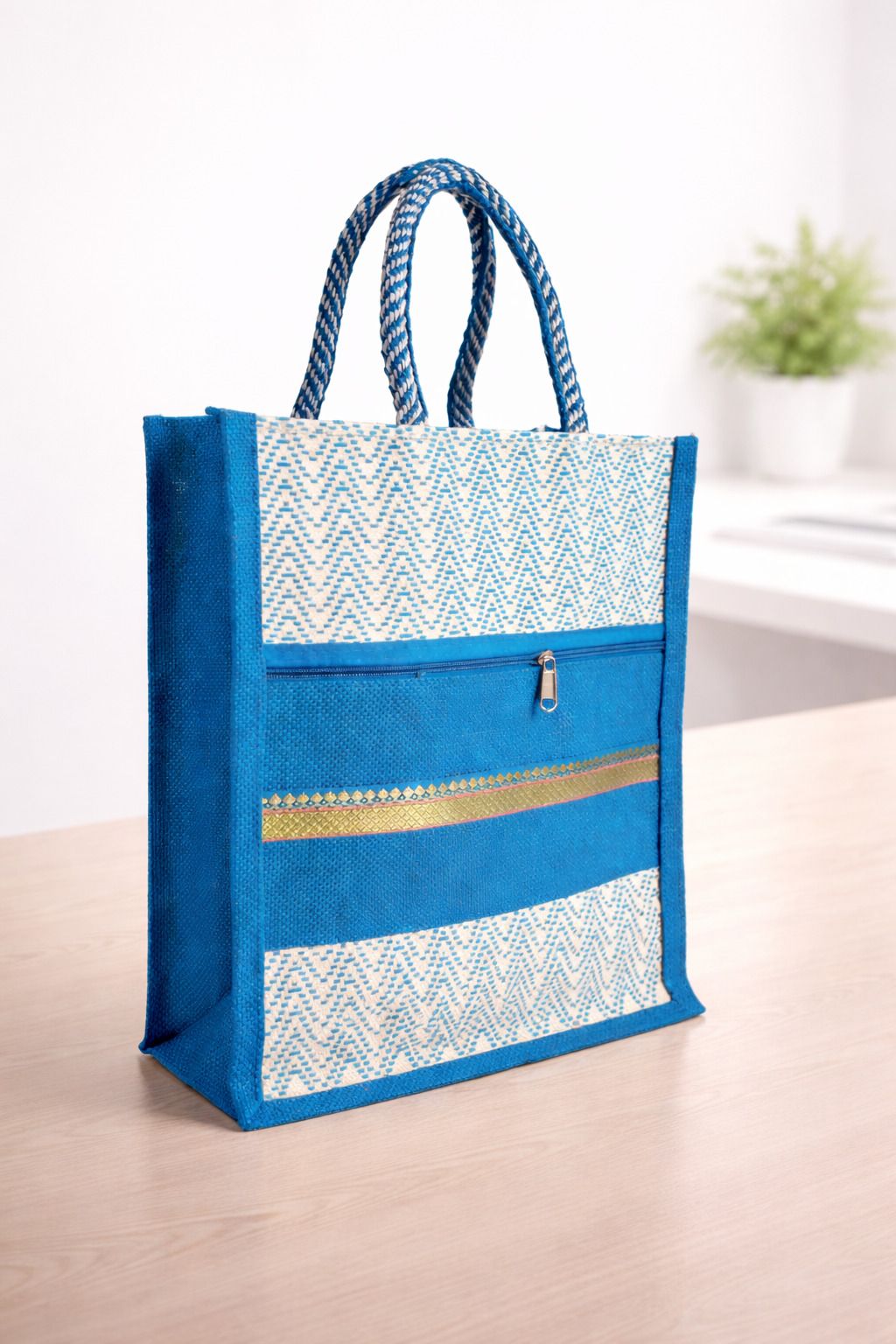 Aqua Blue Handcrafted Jute Tote Bag with Front Zipper Pocket Grocery Bag-image-43
