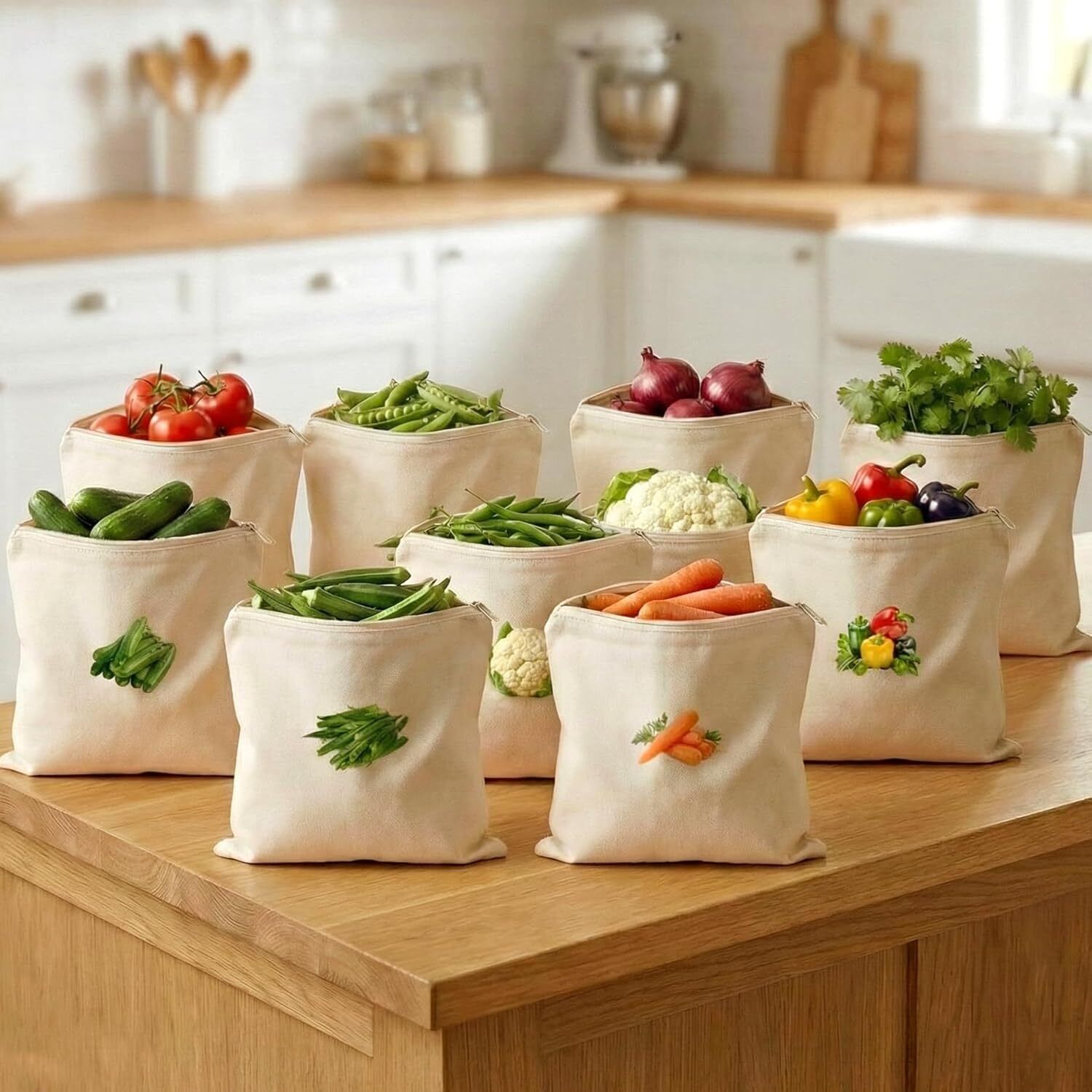 akhandanand Reusable Cotton Canvas Vegetable Storage Bag Set Pack of 10 Grocery Bags-picture-3