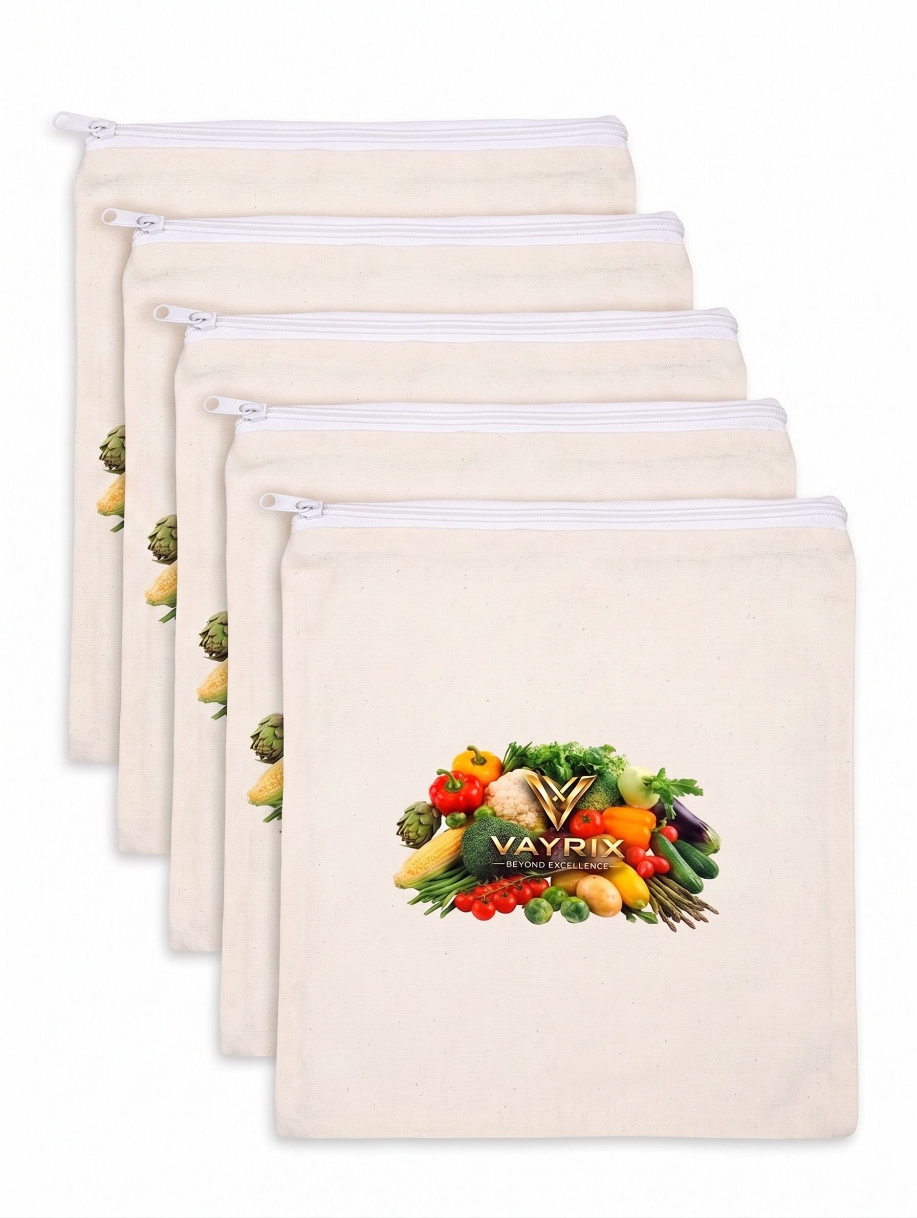 vayrix Cotton Zip Pouch For Fridge Vegetables | Pack of 5 | Eco Washable Storage Bag Pack of 5 Grocery Bags-picture-46