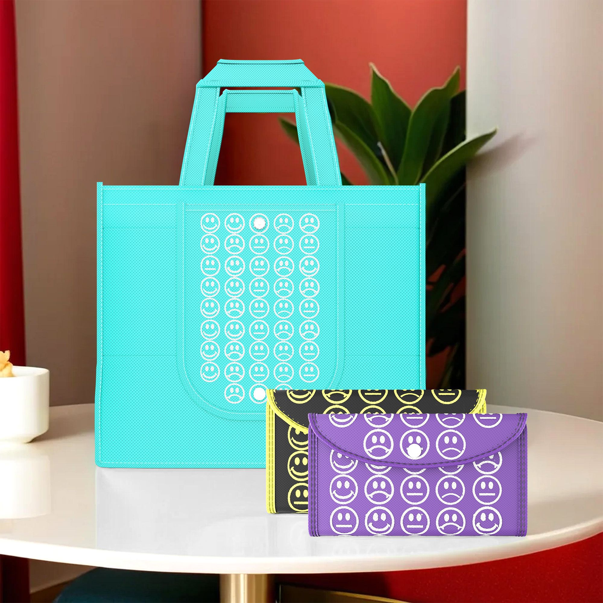 kuber industries Pack of 3 Smile Foldable Shopping Bags For Women | Blue, Black Yellow & Purple Pack of 3 Grocery Bags-picture-35