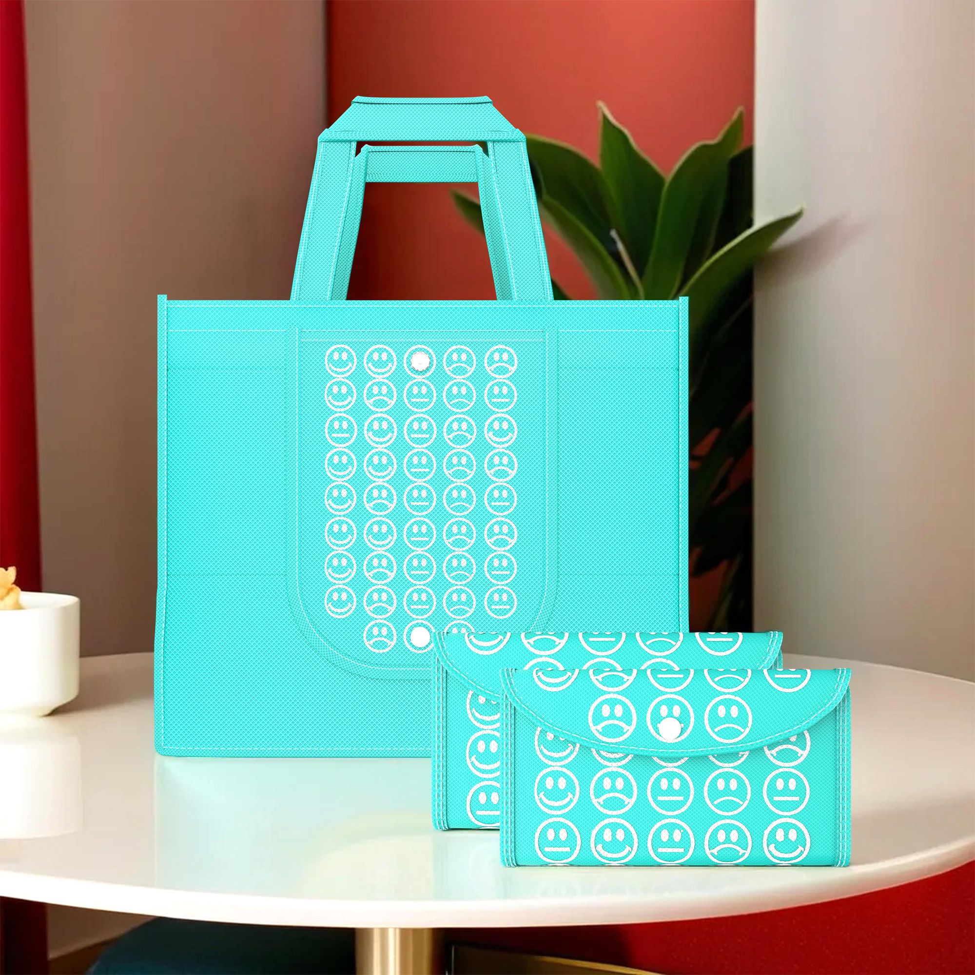 kuber industries Pack of 3 Smile Print Foldable Grocery/Shopping Bags For Women | Blue Pack of 3 Grocery Bags-picture-32
