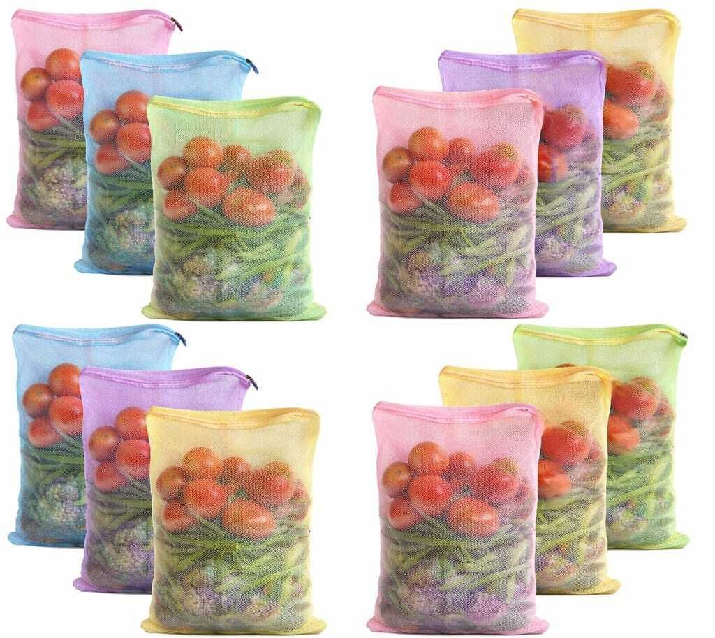 Reusable Fridge Mesh Fabric Storage Bag for Vegetables and Fruits with Zip Lock Pack of 12 Grocery Bags-image-43