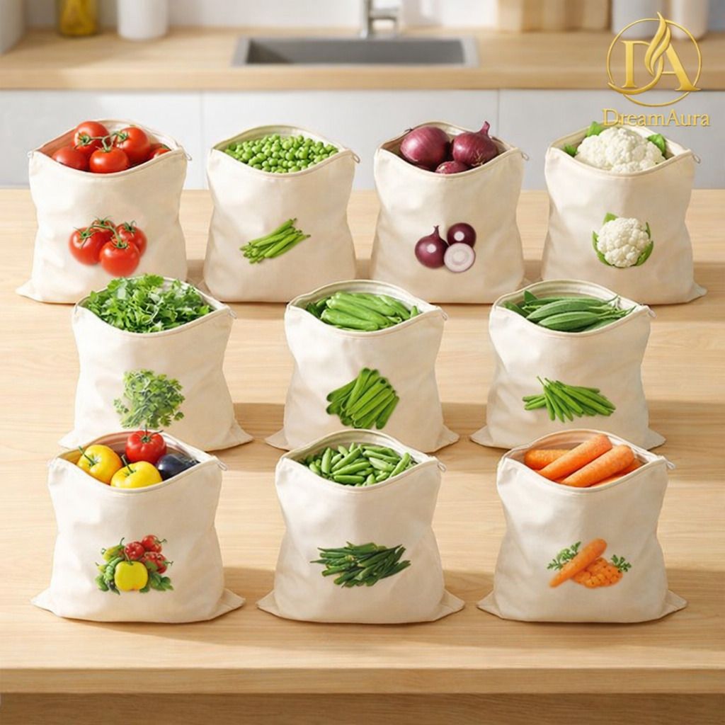 Vegetable printed 100% Pure cotton bag for Fridge Size: 12"*12" Inch Pack of 10 Grocery Bags-image-1