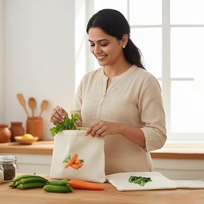 Breathable 100% Cotton Grocery Storage Bag for Vegetables & Fruits – Reusable Pack of 10 Grocery Bags-image-41