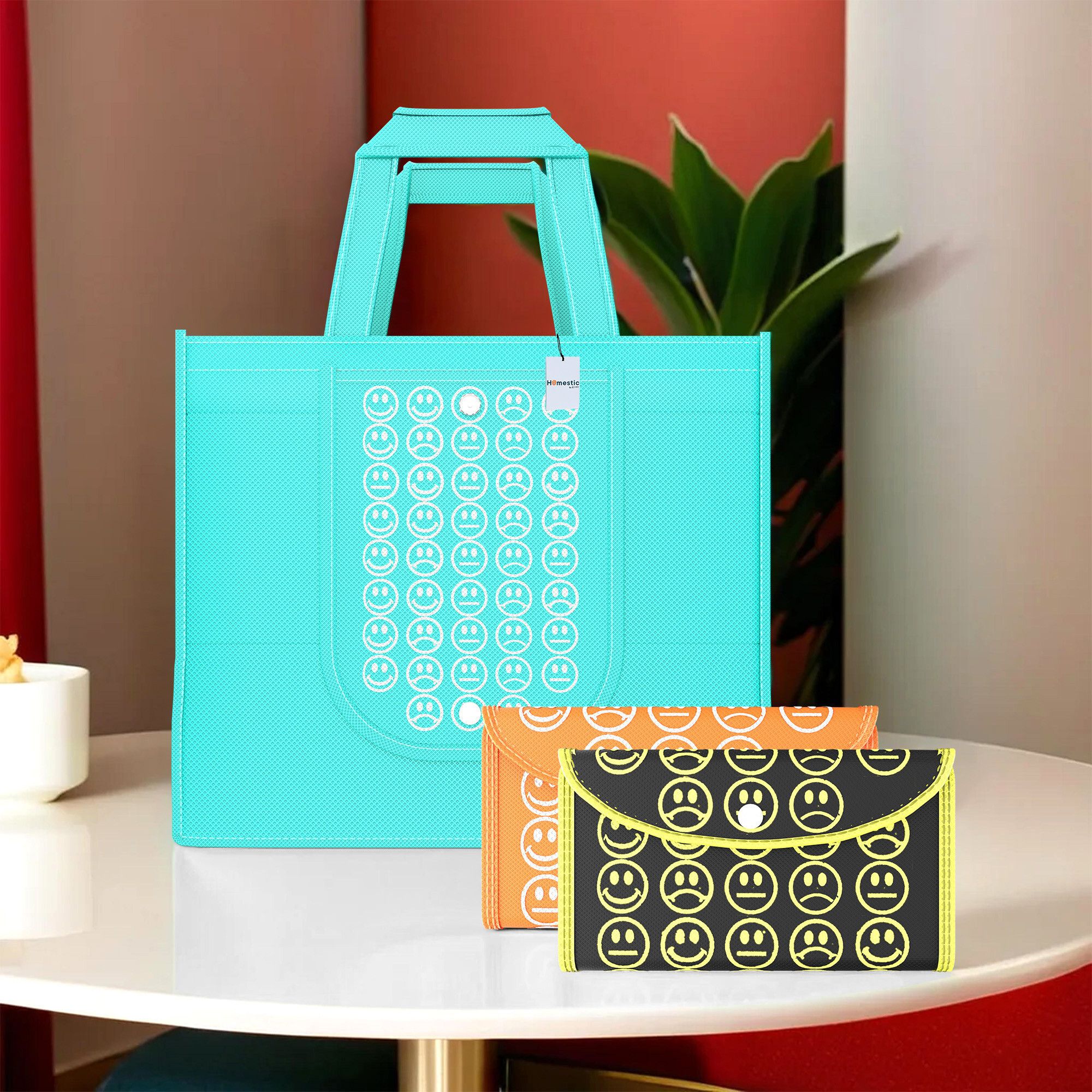 Pack of 3 Smile Foldable Shopping Bags For Women | Blue, Orange & Black Yellow Pack of 3 Grocery Bags-image-36