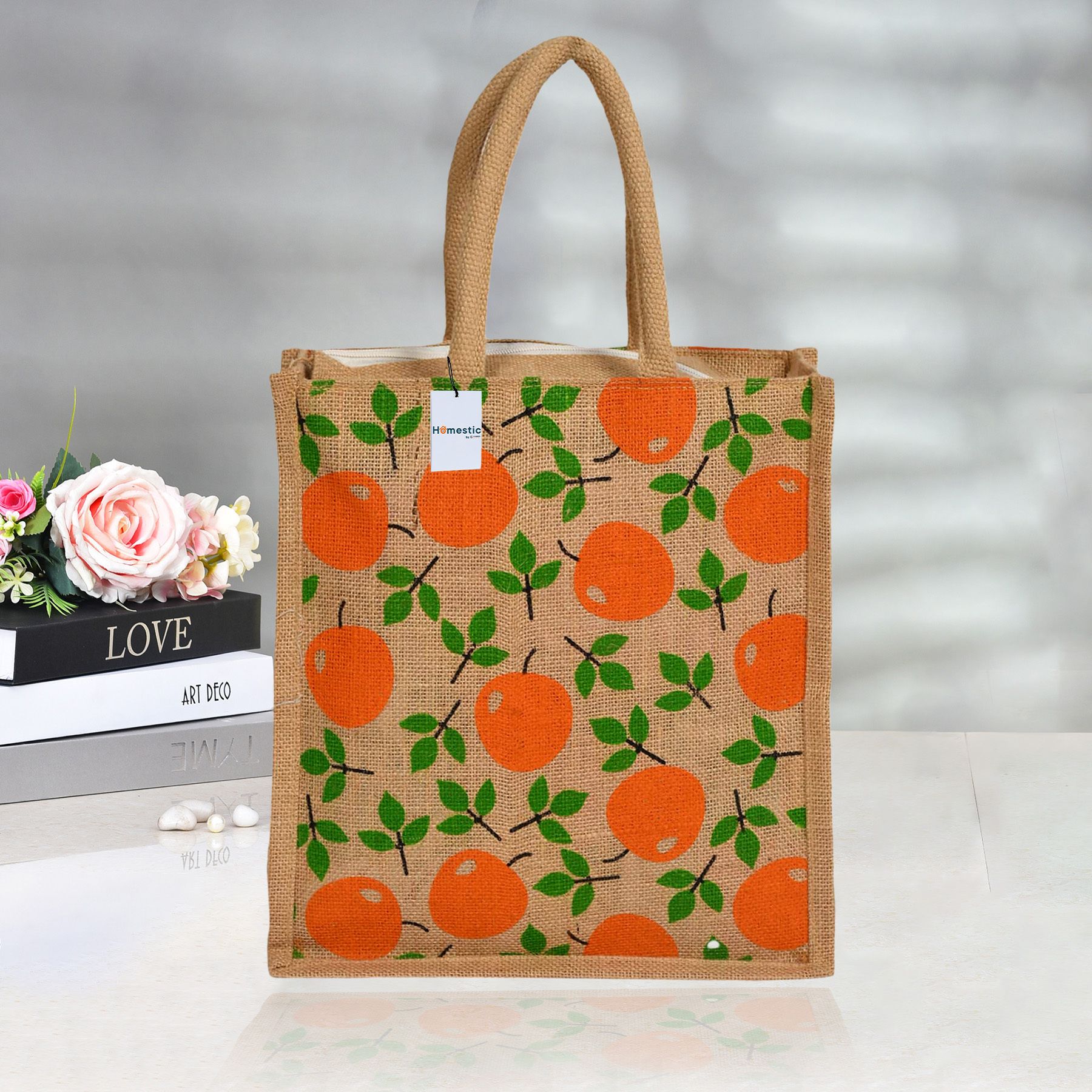 Jute Red Apple Grocery Bag|Shopping Bag with Handle|Brown Grocery Bag