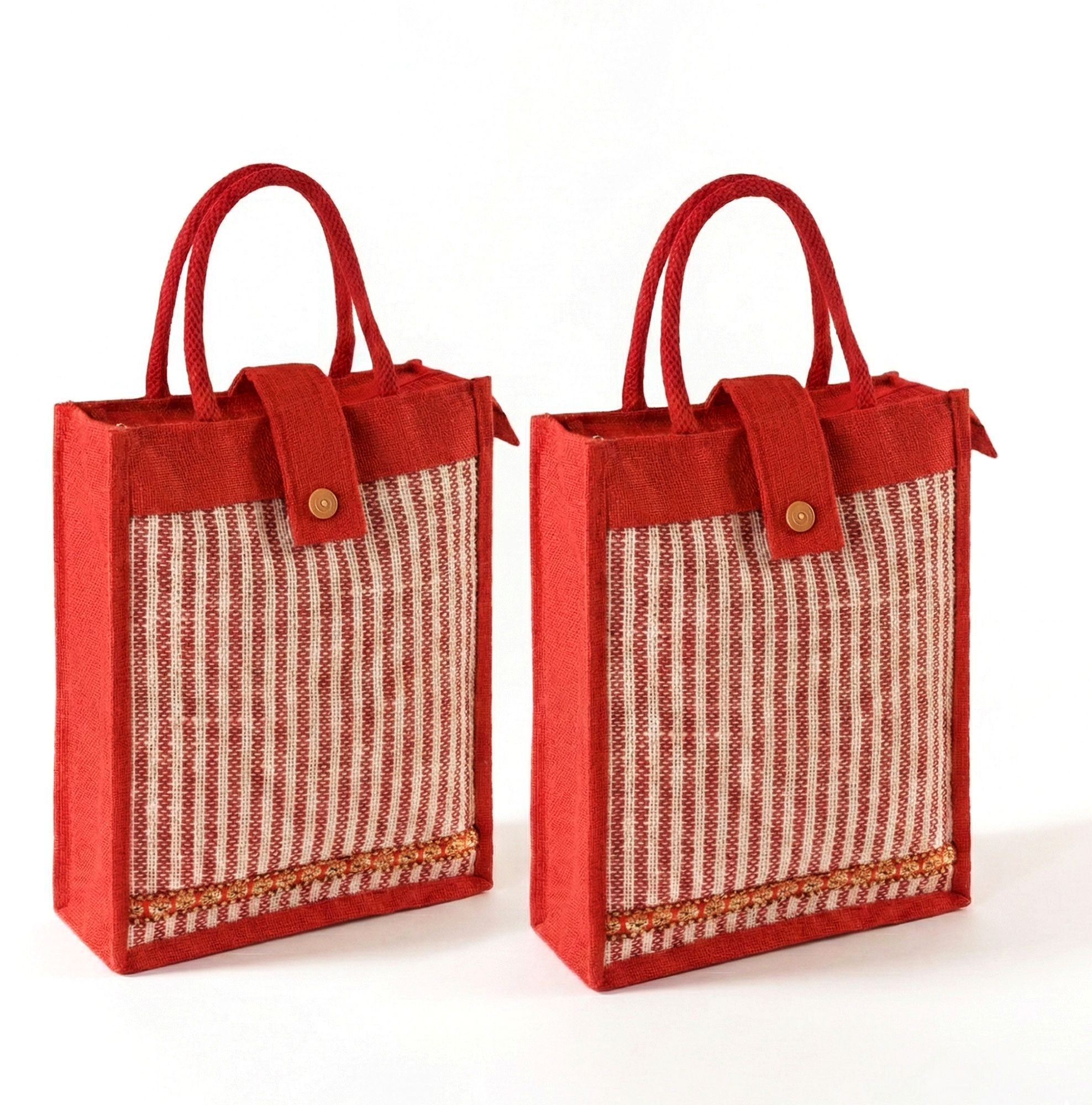 homestic 2 Pcs Jute Medium Shopping Bag for Women with Handle | Lining Design- Red Pack of 2 Grocery Bags-picture-25