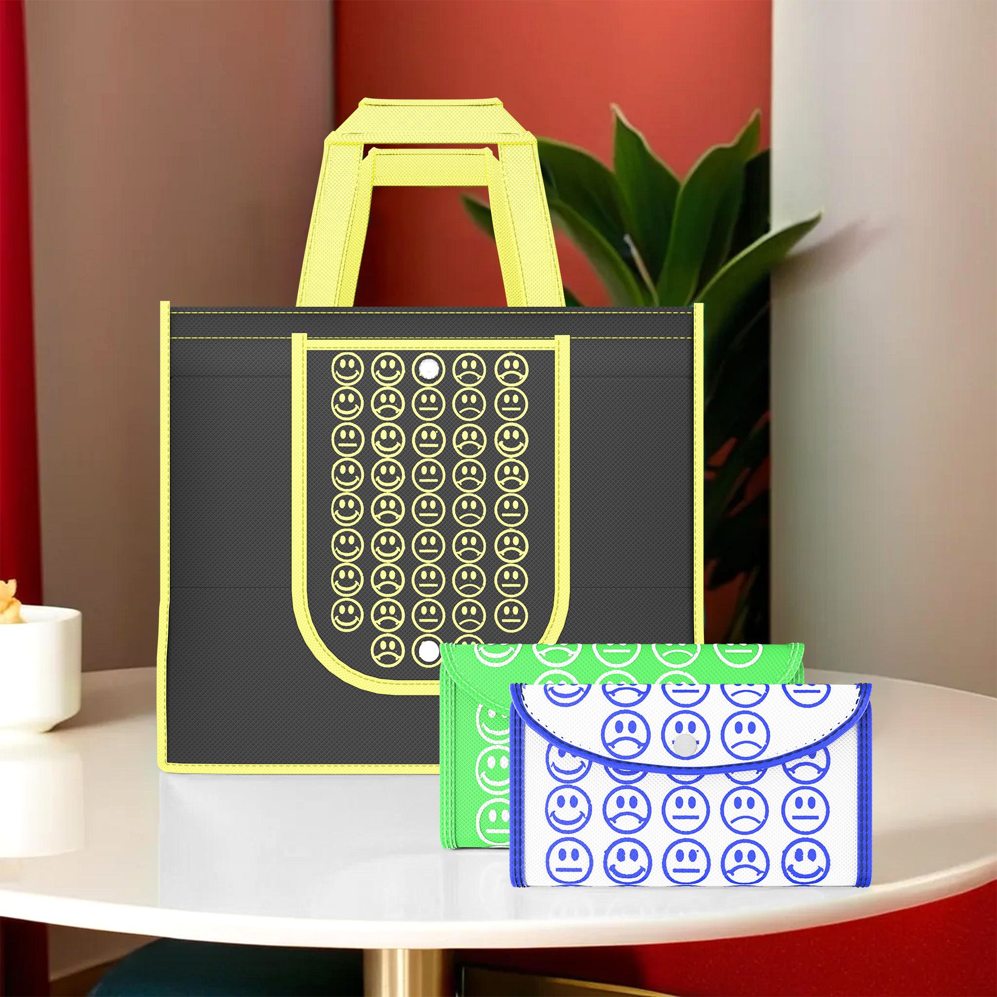 kuber industries Pack of 3 Smile Foldable Unisex Shopping Bags | Black Yellow, Green & White Blue Pack of 3 Grocery Bags-picture-28